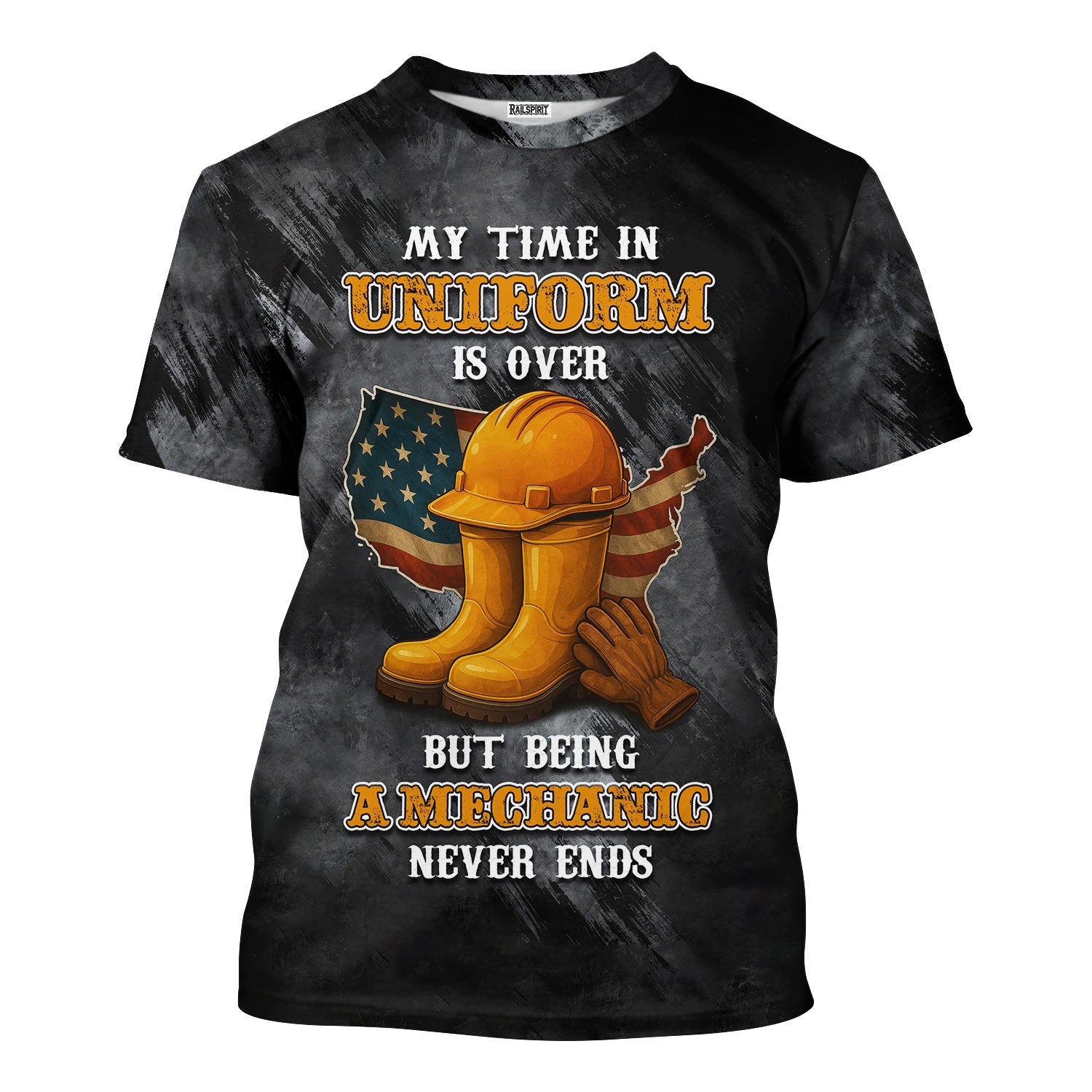 Blisscorners Funny Mechanic T Shirt My Time In Uniform Is Over But Being A Mechanic Never Ends American Flag Auto Repair Garage Workwear Gift For Men Dad