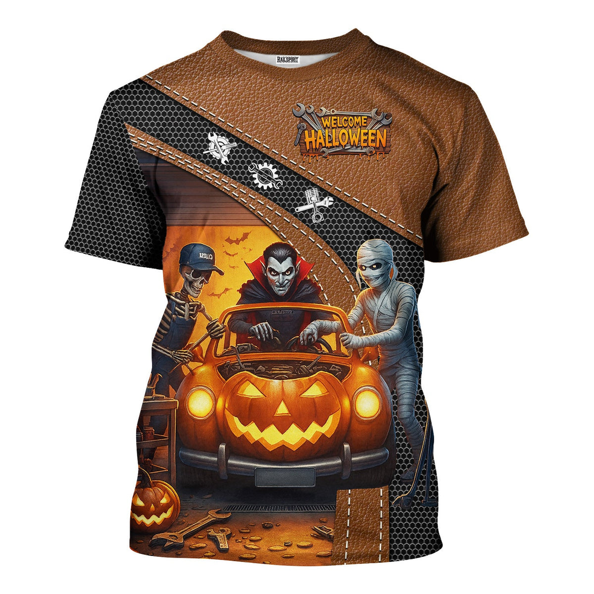 Blisscorners Halloween Mechanic T Shirt Funny Vampire Skeleton Mummy Pumpkin Car Spooky Auto Repair Garage Workwear Tee Gift For Men Women Halloween