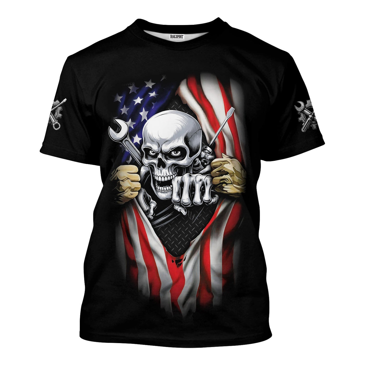 Blisscorners Skull Wrench T-Shirt, American Flag Design, Mechanic, Worker Gift, Unique Skull Graphic Tee for Men, Customizable Apparel, Cool Work Shirt