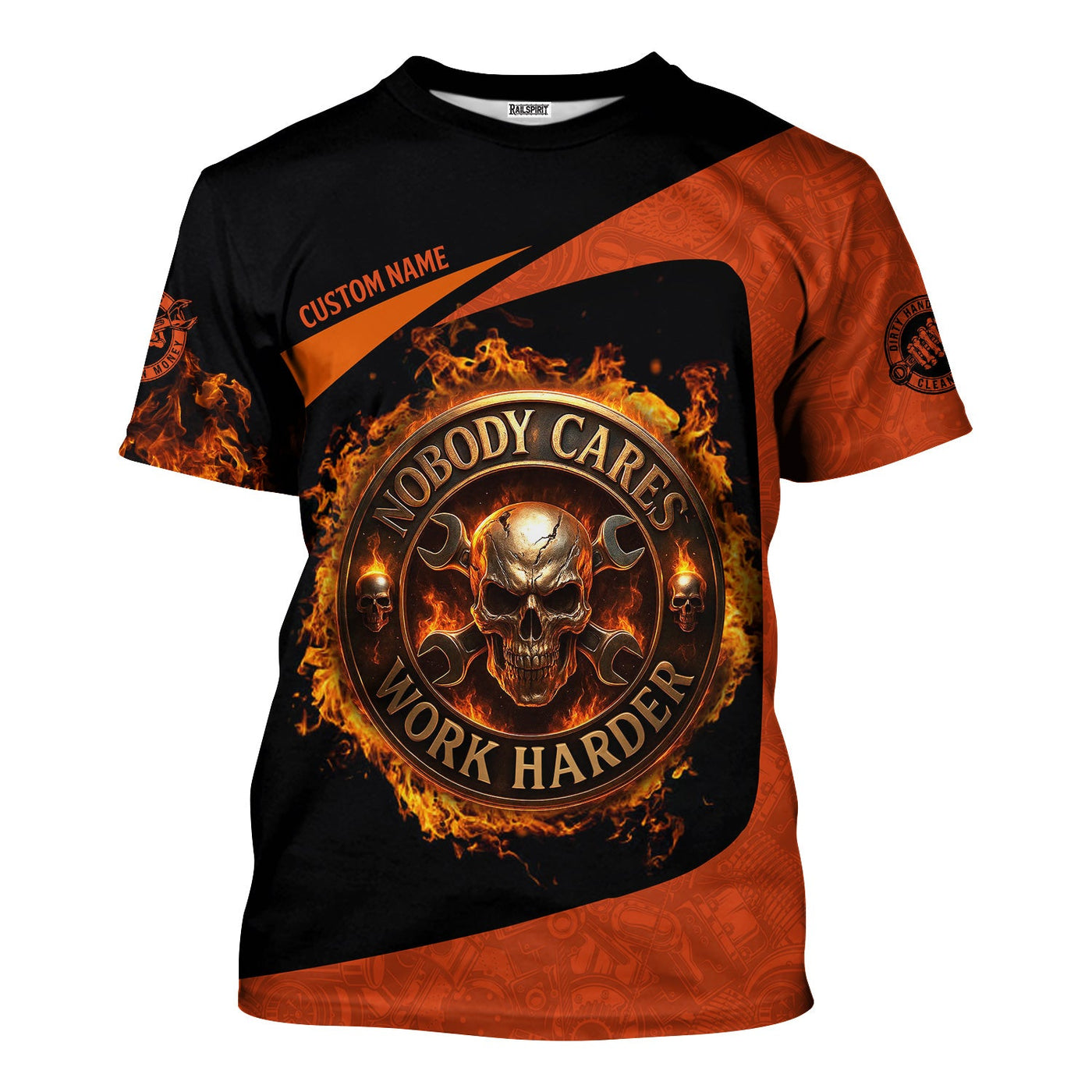 Blisscorners Personalized Mechanic Shirt, Nobody Cares Work Harder, Flame Skull Design, Gift For Men