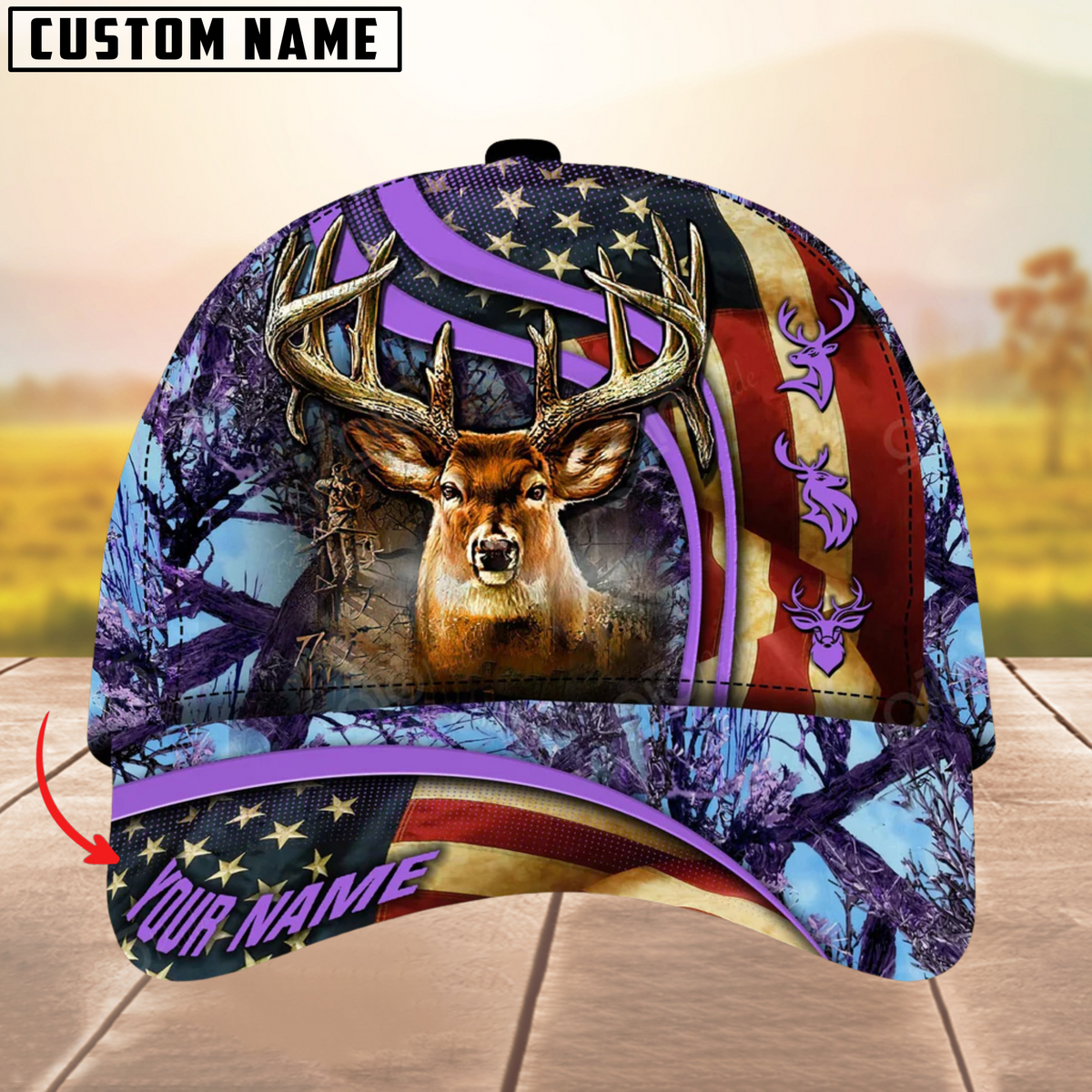 Blisscorners USA Flag Deer Hunting Camouflage Pattern Multicolor Personalized Name 3D Cap