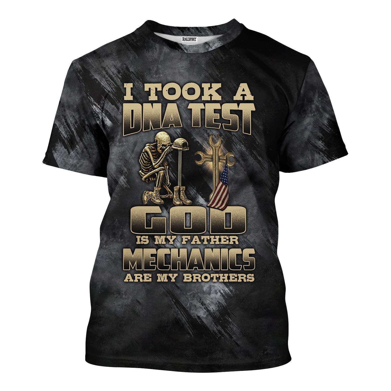 Blisscorners Mechanic T-Shirt, DNA Test Quote, God Father, Mechanics Brother, Funny Skeleton & Cross Design, Unique Gift for Mechanics & Fathers