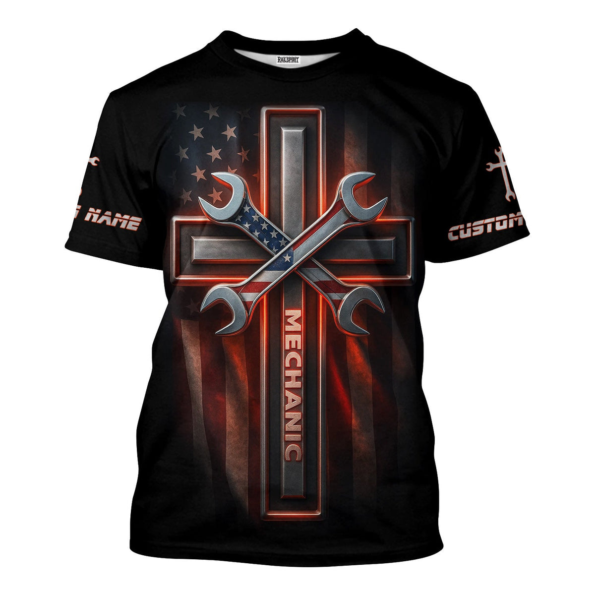 Blisscorners Custom Name Mechanic Shirt Wrench The Cross with USA Flag Design T Shirt