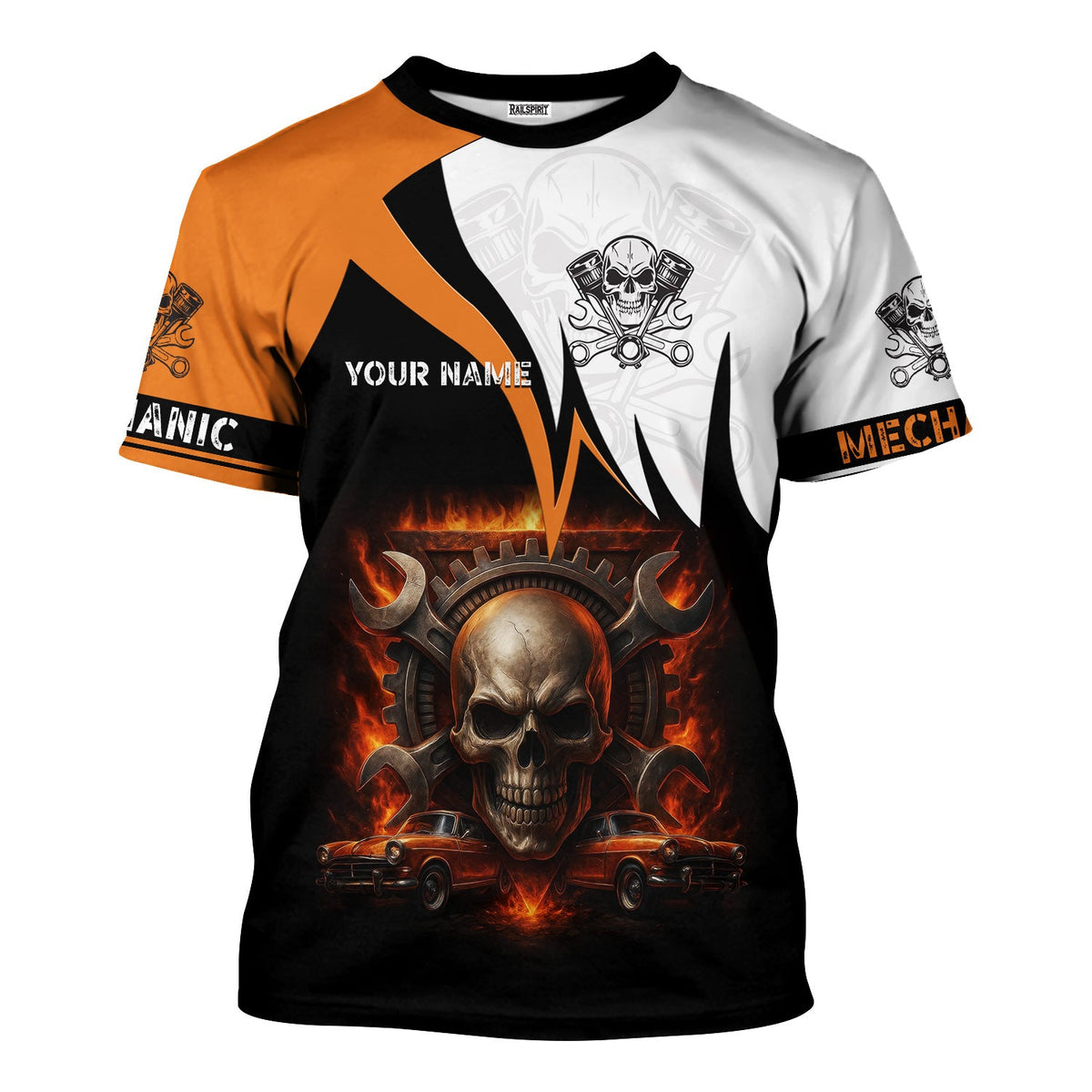 Blisscorners Custom Name Mechanic Shirt Flame Skull Wrench Gear Vintage Car Design T Shirt