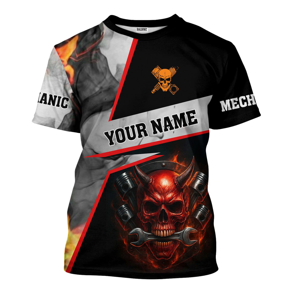 Blisscorners Custom Name Funny Mechanic Shirt Vintage Devil With Wrench Printed Mechanic T Shirt