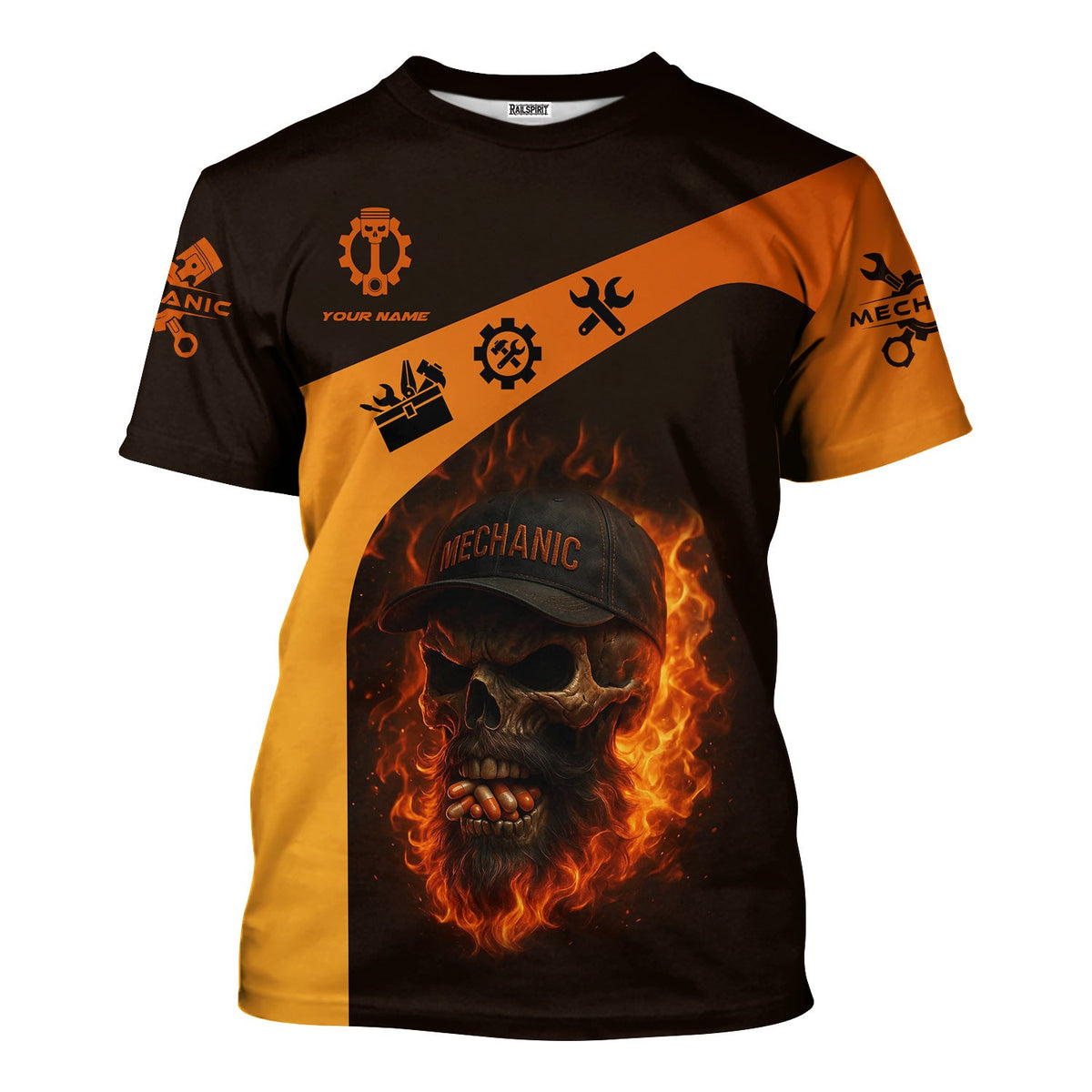 Blisscorners Personalized T-Shirt Grumpy Old Mechanic You're About To Exceed The Limits Of My Medication Flame Skull Design Shirt