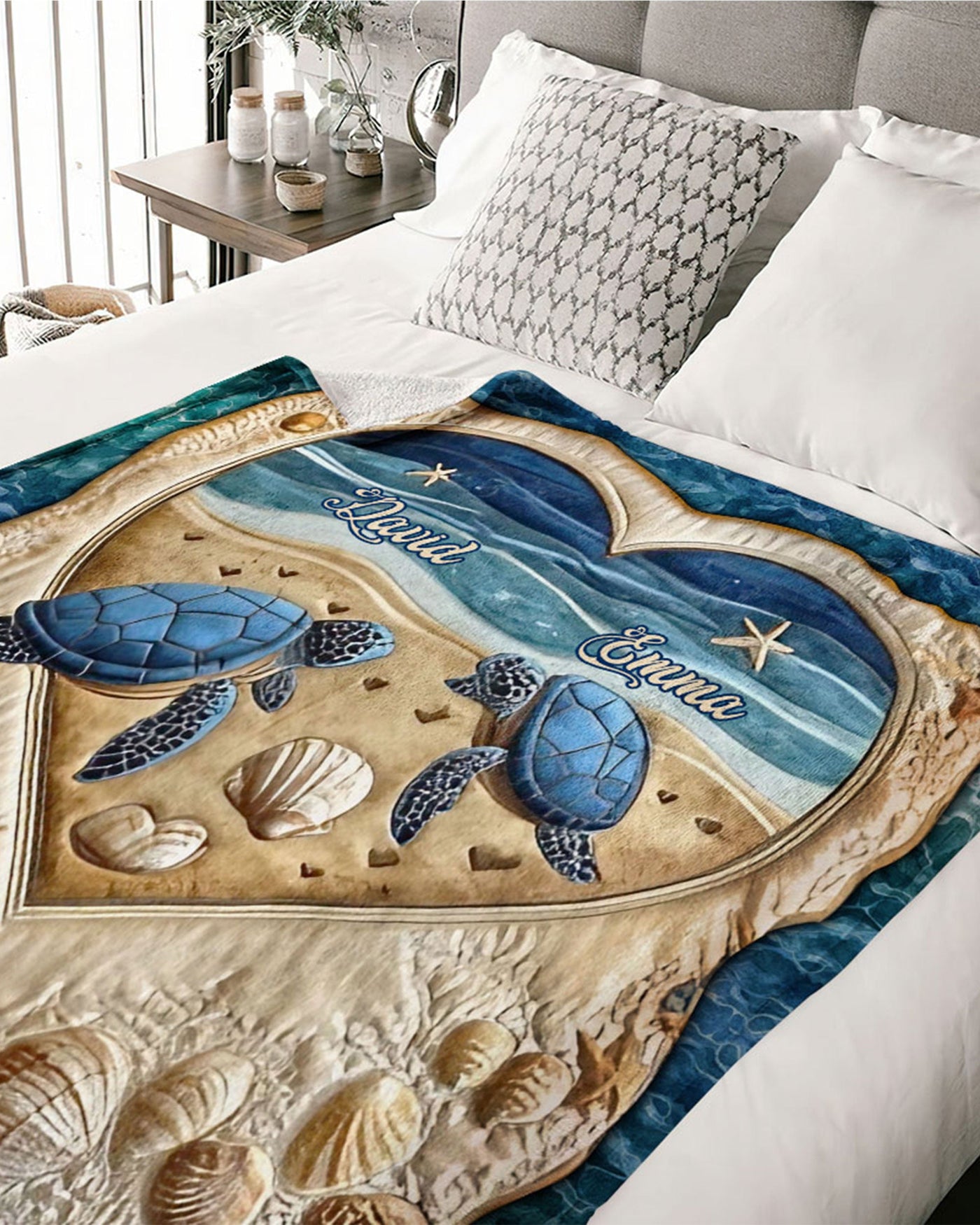 BLISSCORNERS PERSONALIZED COUPLE TURTLE LOVE BEACH FLEECE BLANKET