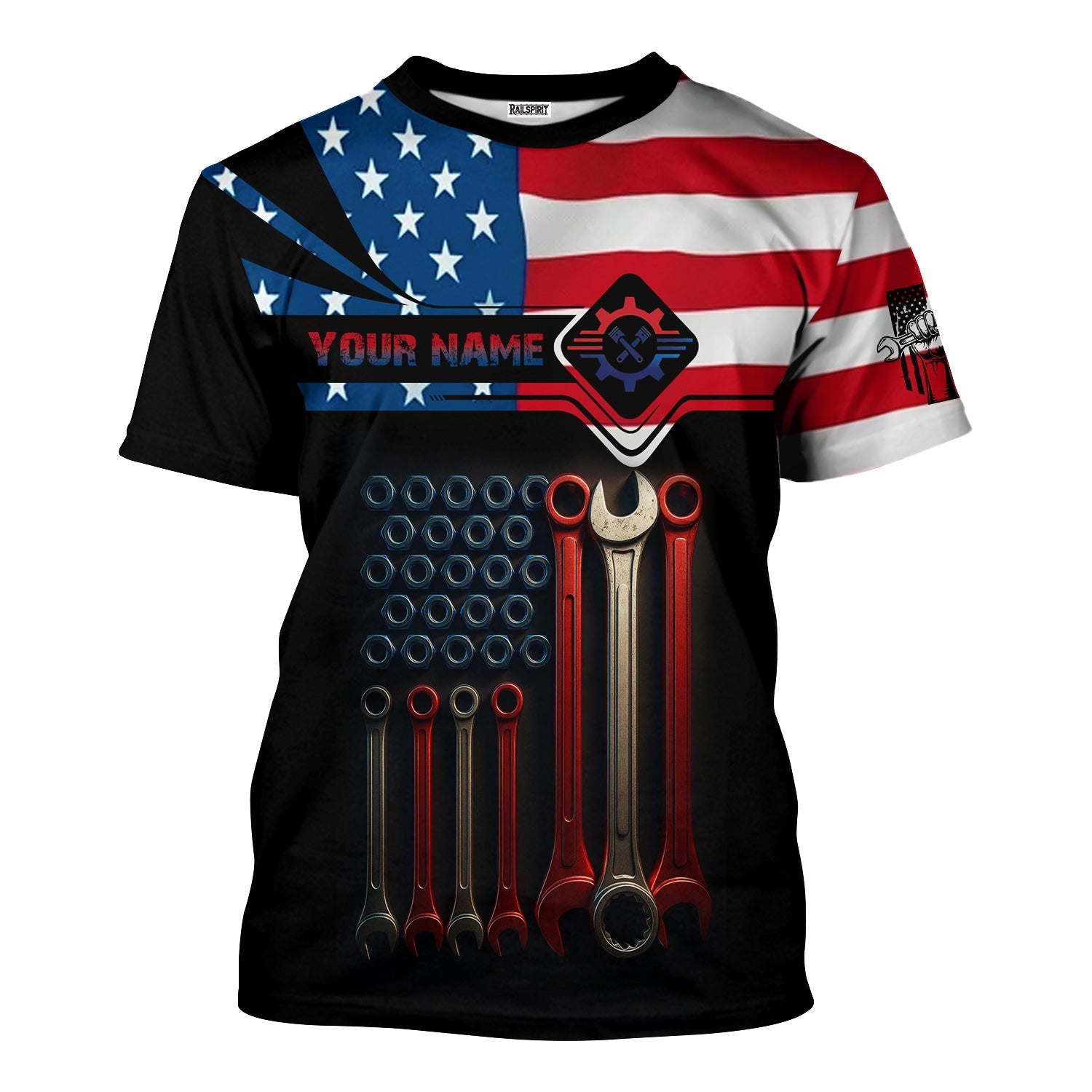 Blisscorners Custom Name Mechanic Shirt Wrenches with American Flag Design T Shirt