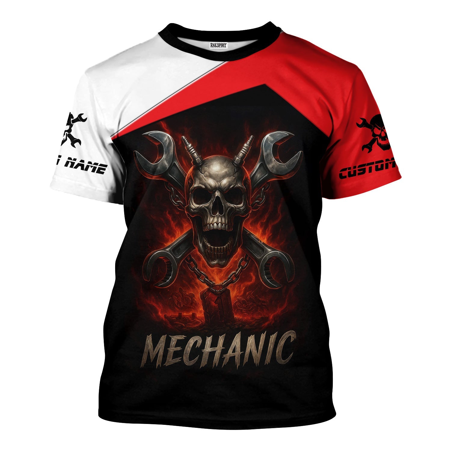 Blisscorners Custom Name Mechanic Shirt Wrench Flame Skull Design T Shirt