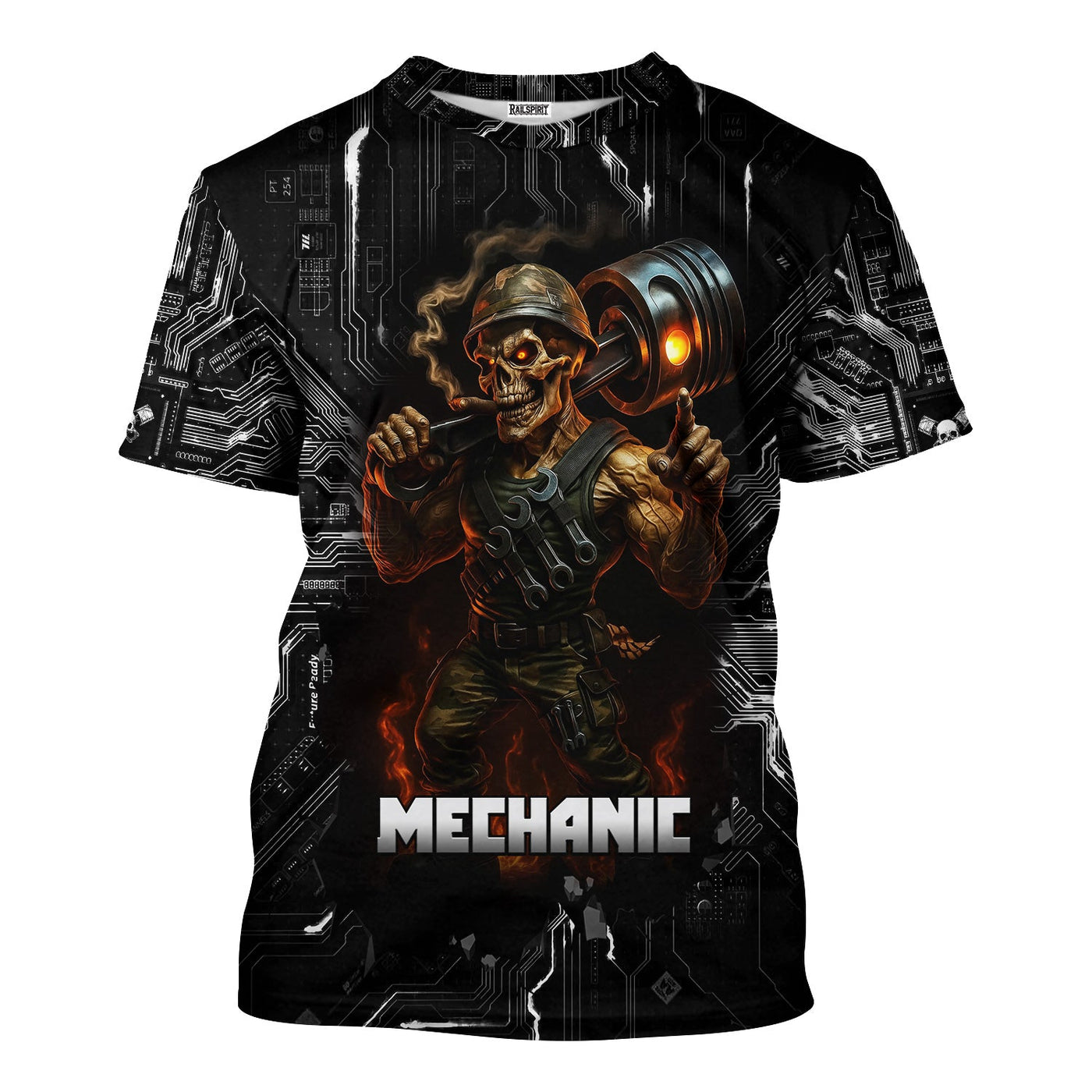 Blisscorners Mechanic Shirt Soldier Skull Holding Giant Engine Piston Design T Shirt All Over Printed