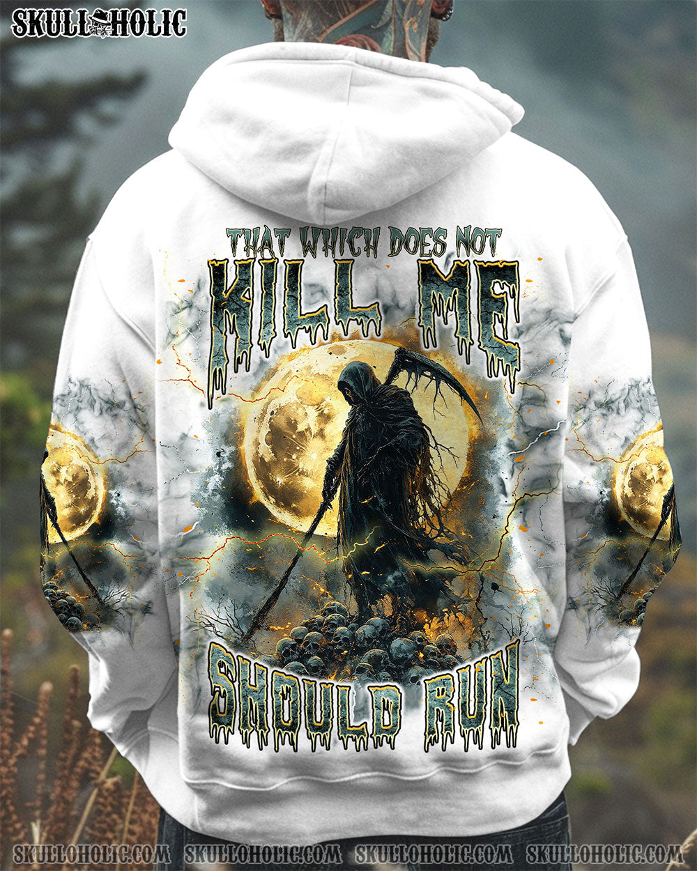 BLISSCORNERS THAT WHICH DOES NOT KILL ME SHOULD RUN SKULL  ALL OVER PRINT