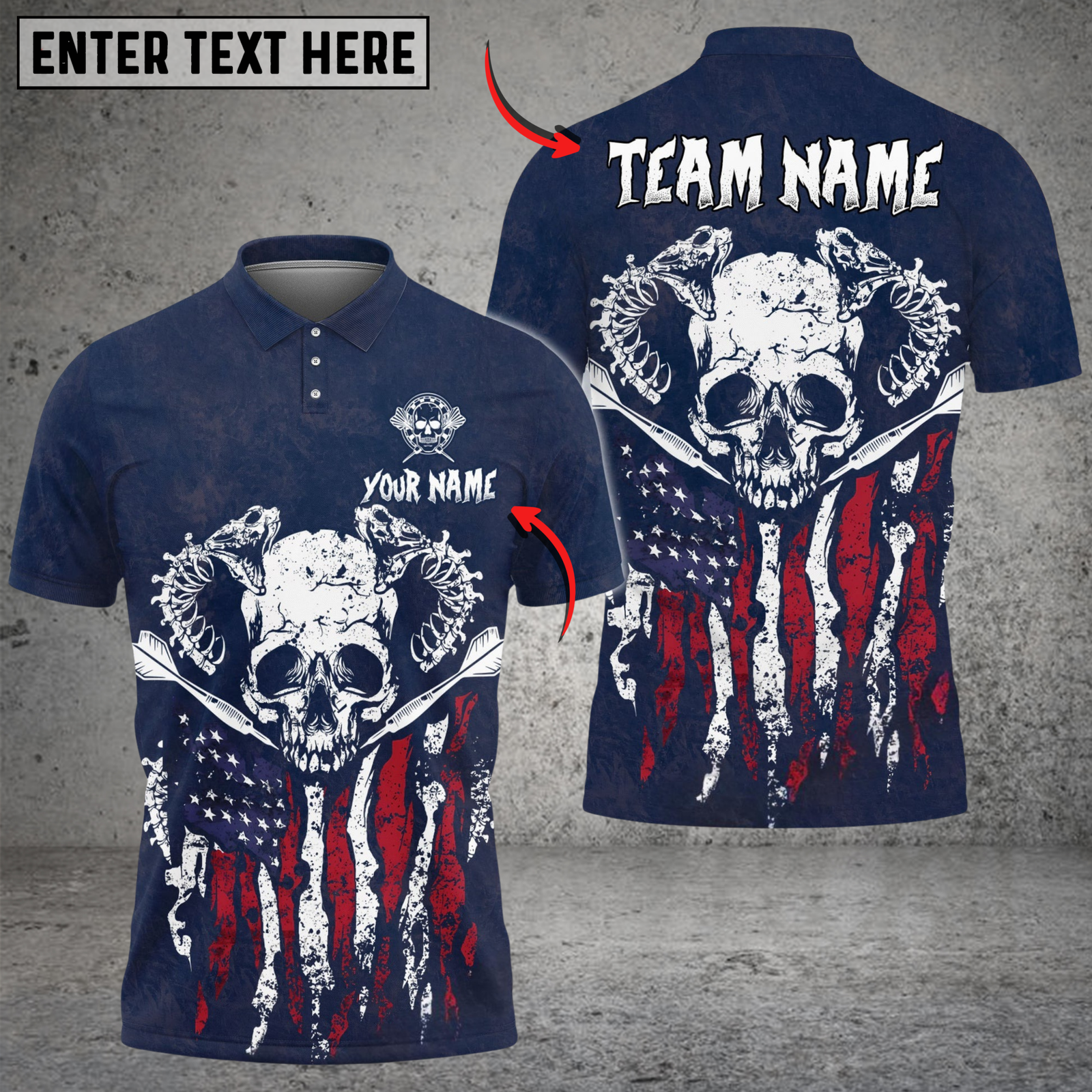 Blisscorners Darts Snake Skull American Flag Washed Pattern Multicolor Options Personalized Name Shirt (4 Colors)