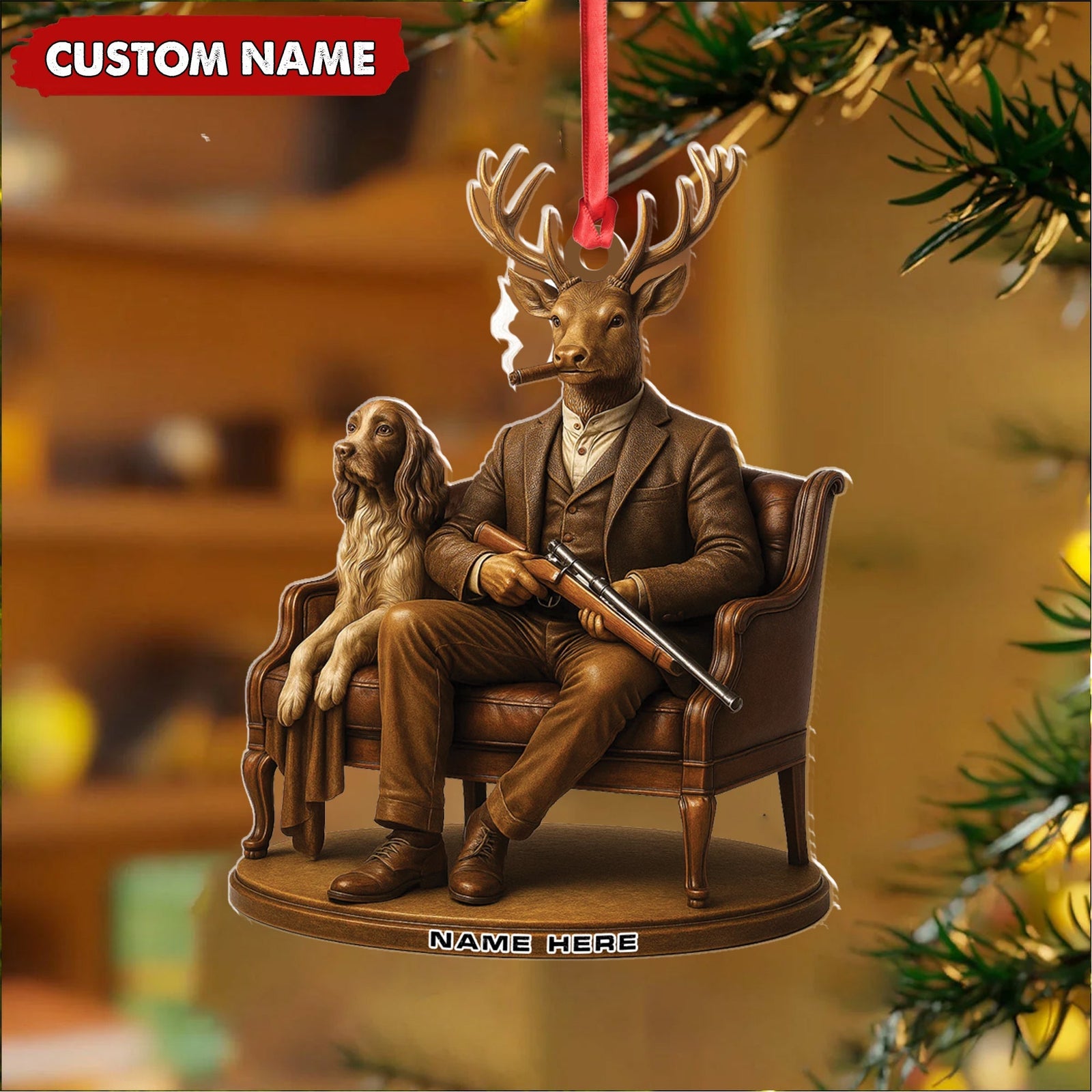 Blisscorners Personalized Acrylic Deer Christmas Ornament - Elegant Hunter Buck with Dog Holding Rifle Holiday Decor LM0110