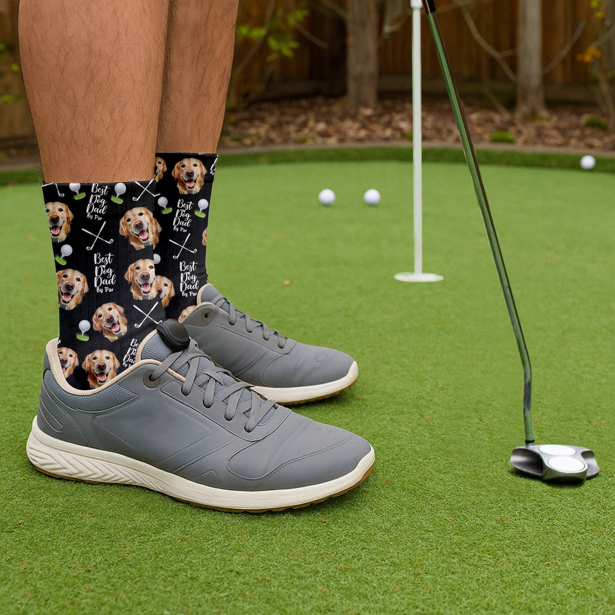 Blisscorners Best Dog Dad By Par Socks With Dog Face, Custom Pet Socks, Funny Crew Socks, Dad Golf GiftLM2611