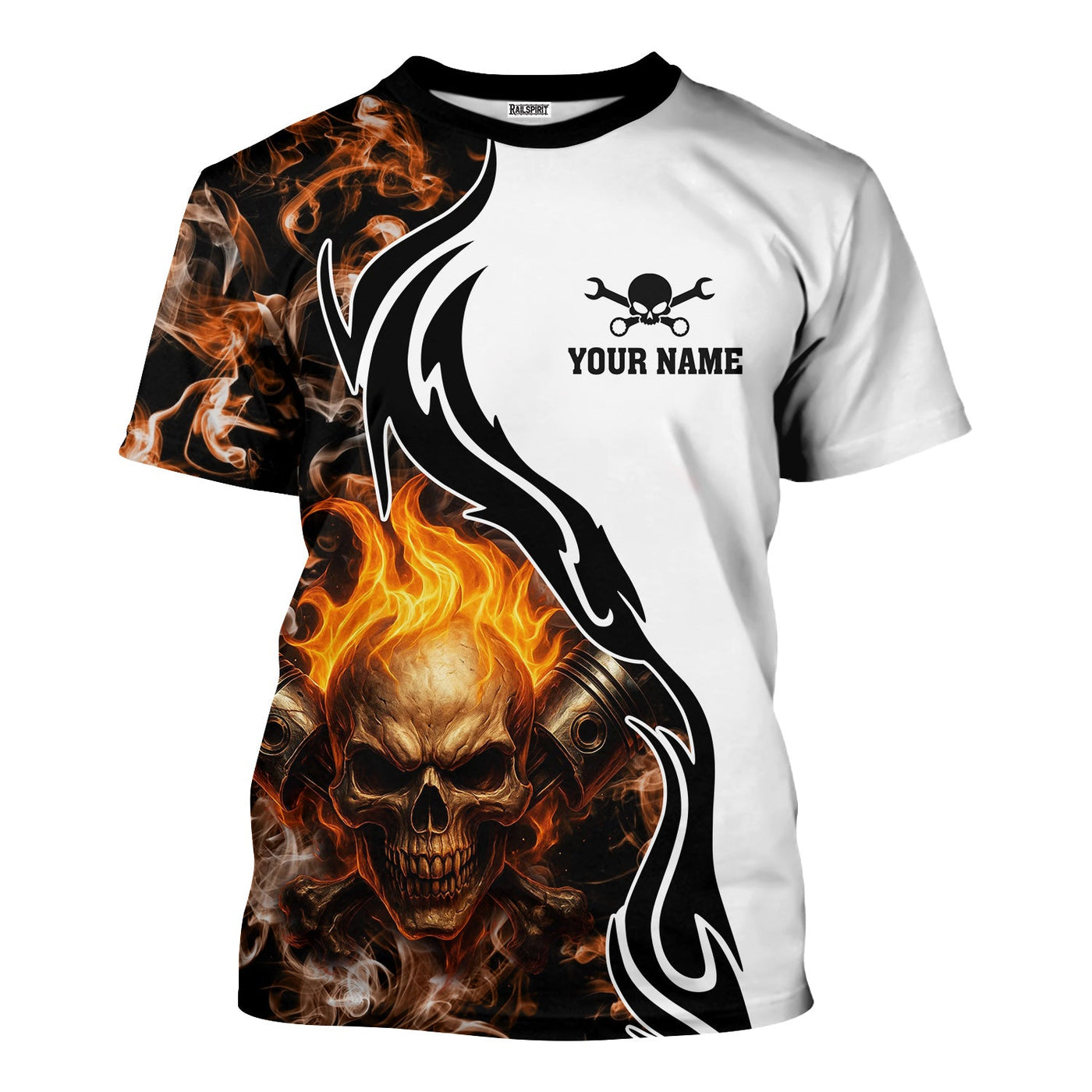 Blisscorners Personalized Mechanic Shirt, Skull Engine Piston Flame Design, Mechanic Uniforms, Gift For Men
