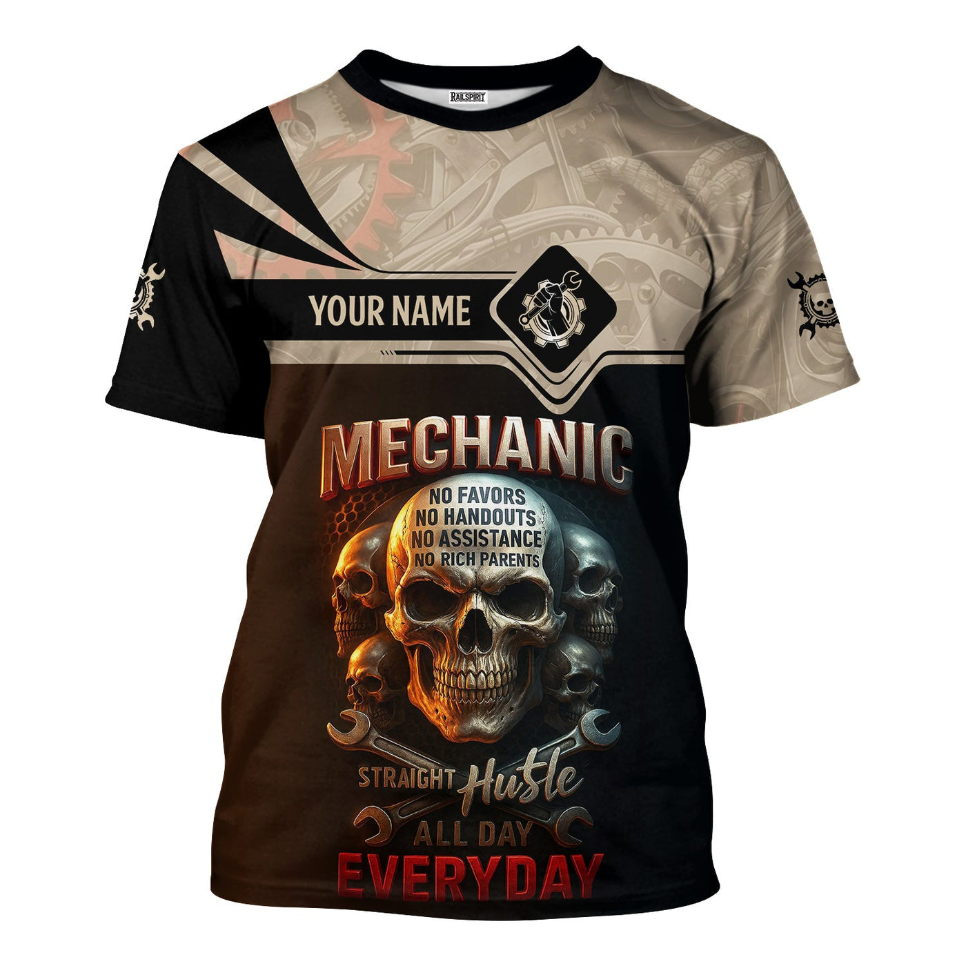 Blisscorners Personalized Mechanic Shirt, Straight Hustle All Day Everyday, Skull and Wrenchs Design, Gift For Men