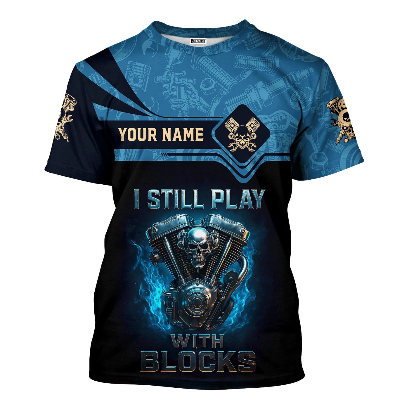 Blisscorners Personalized T-Shirt I Still Play With Blocks Flame Engine Skull Design Shirt for Mechanics