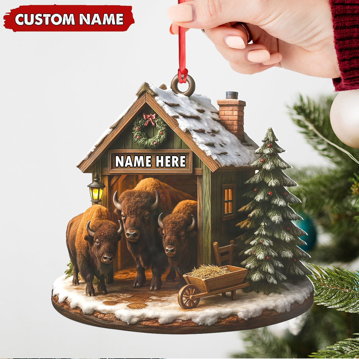 Blisscorners Personalized Acrylic Bison Christmas Ornament - Custom Buffalo Barn Holiday Decor LM0110