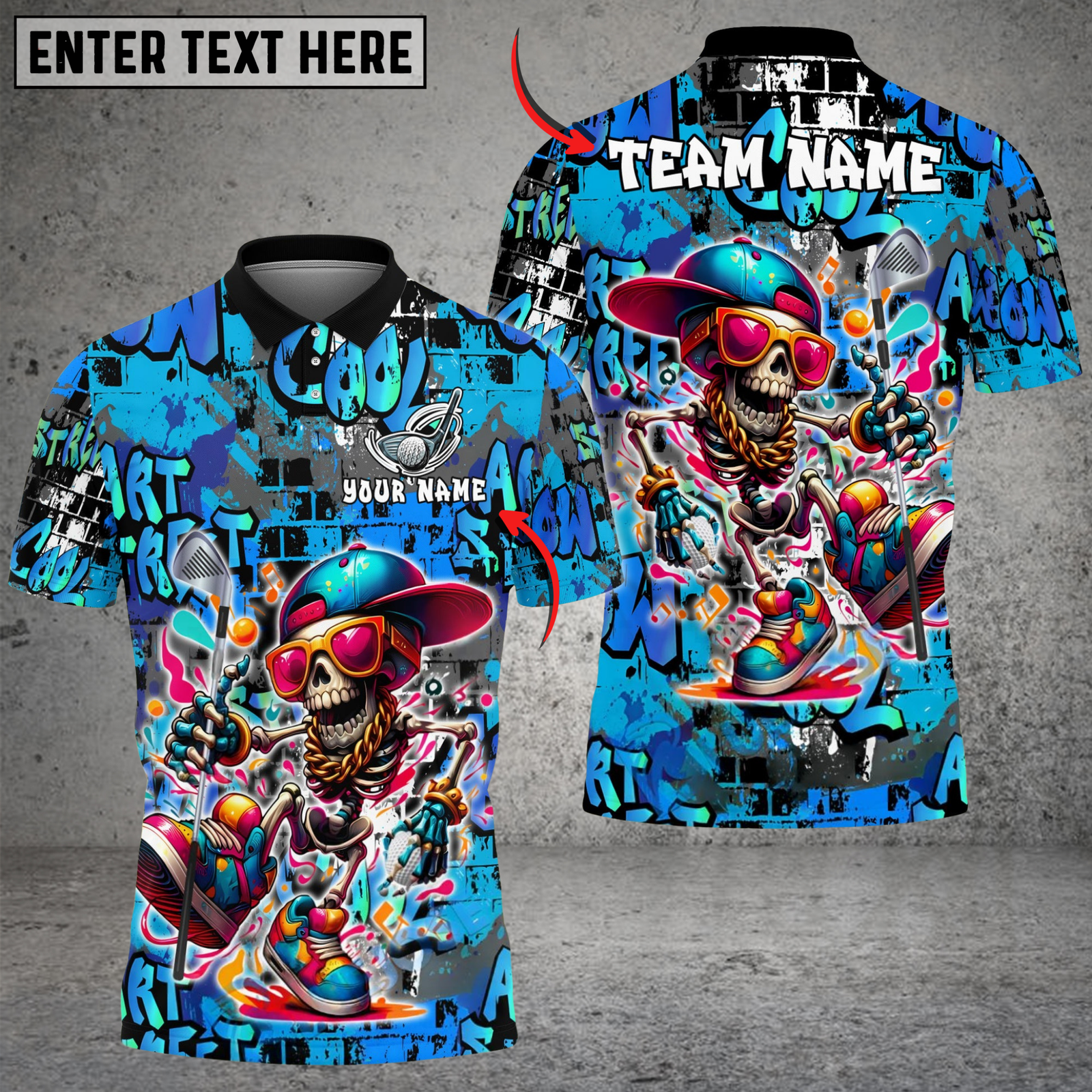 Blisscorners Street Swing Skeleton Funny Golf Polo Shirt, Customized Name & Team Name 3D Shirts (4 Colors)