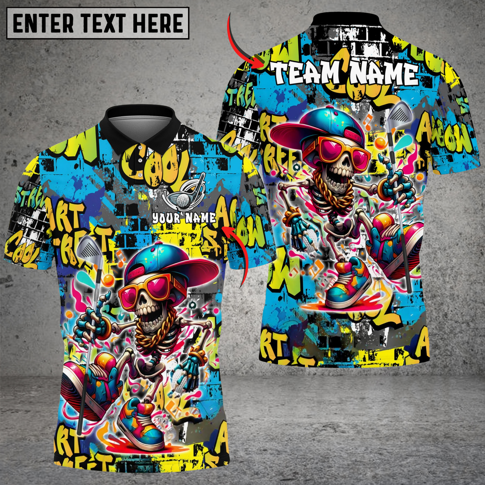 Blisscorners Street Swing Skeleton Funny Golf Polo Shirt, Customized Name & Team Name 3D Shirts (4 Colors)