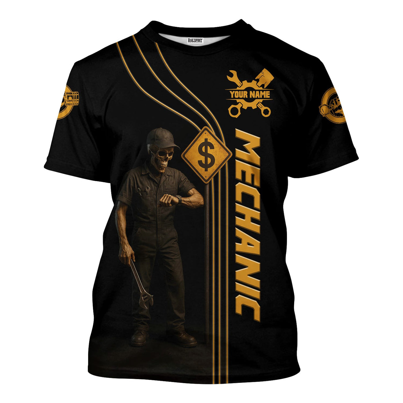 Blisscorners Personalized T-Shirt Mechanic Hourly Rate Skull Looking Watch Design Shirt for Mechanics