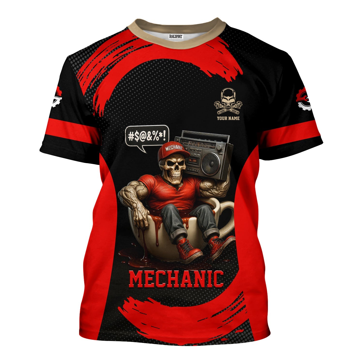 Blisscorners Custom Name Mechanic T-Shirt, I Run On Caffeine Grease Loud Music & Cuss Words, Funny Skull Graphic Tee for Auto Repair, Garage, Car Lovers
