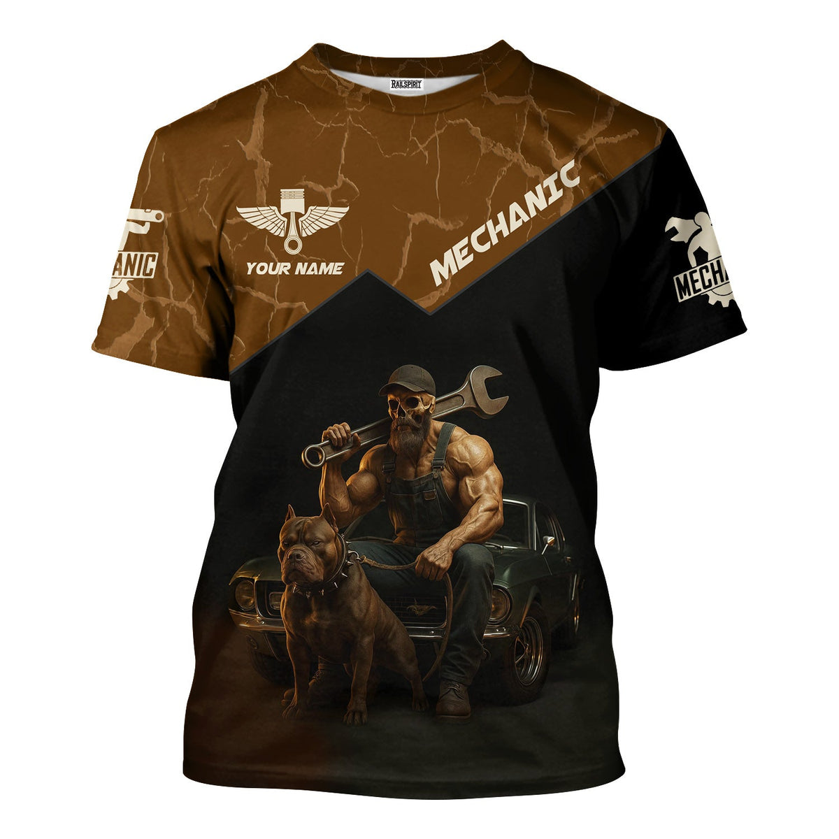 Blisscorners Personalized T-Shirt Don't Mess With Vintage Mechanics Skull with Dog and Classic Car Design Shirt For Mechanics
