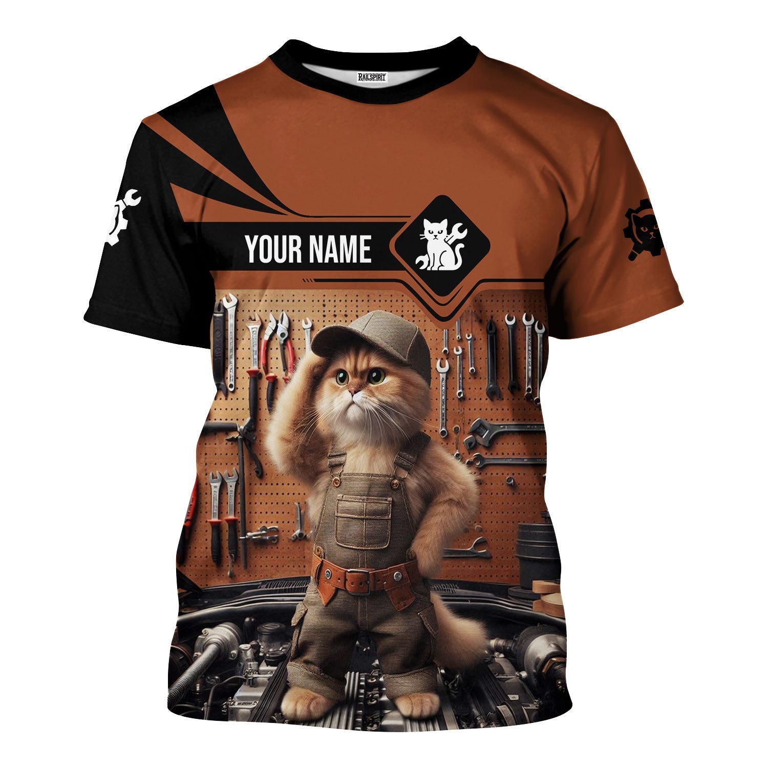 Blisscorners Custom Name Funny Mechanic Cat Wearing Uniform Shirt All Over Printed Mechanic T Shirt