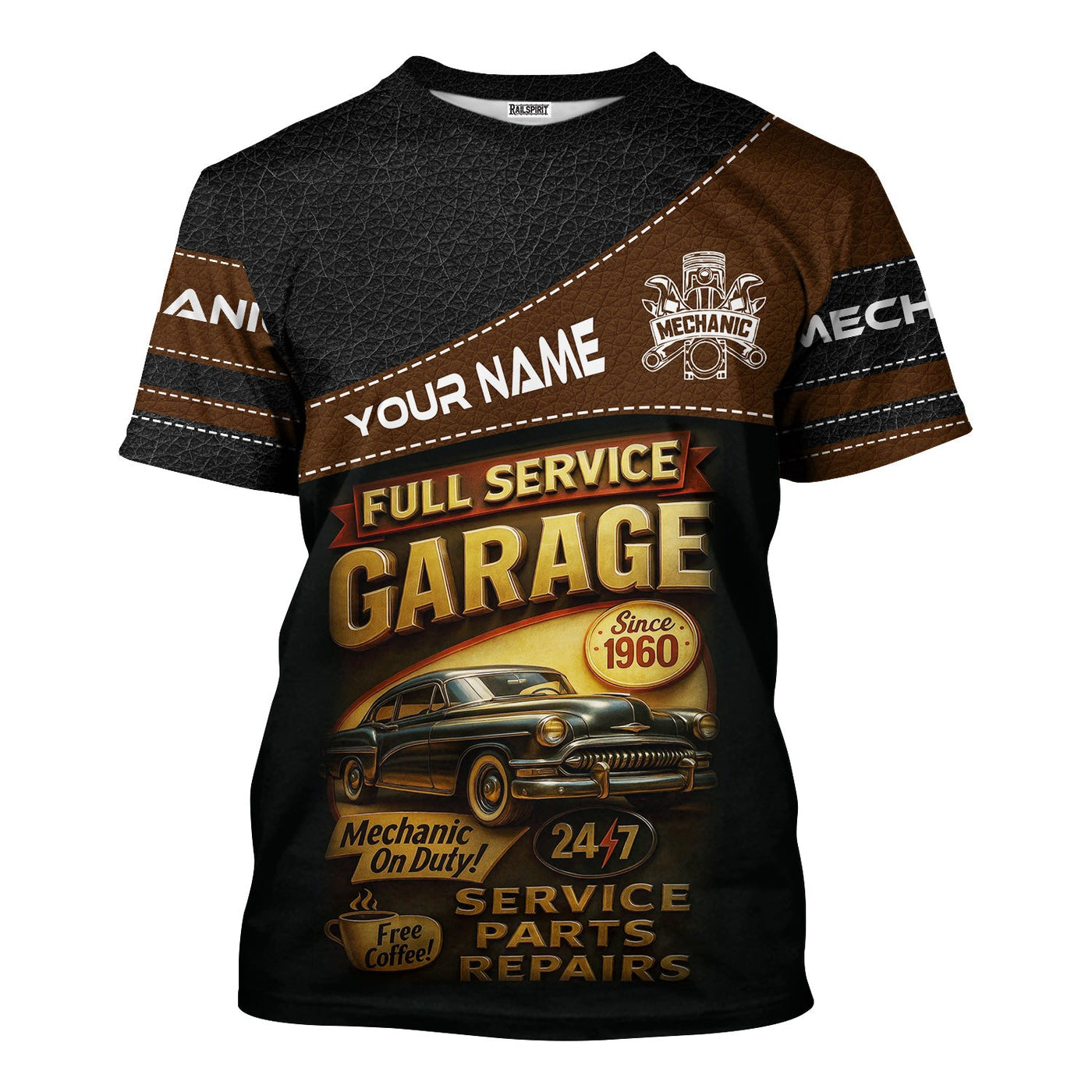 Blisscorners Personalized Mechanic Shirt, Full Service Garage Mechanic On Duty, Leather Printed Design, Custom Year, Gift For Men