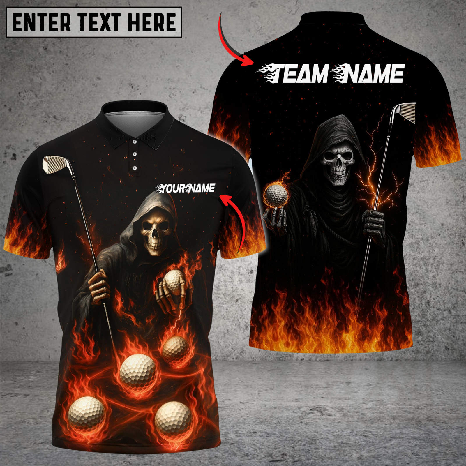Blisscorners Flaming Reaper Golf Polo Shirt, Custom Name & Team Name 3D Shirts