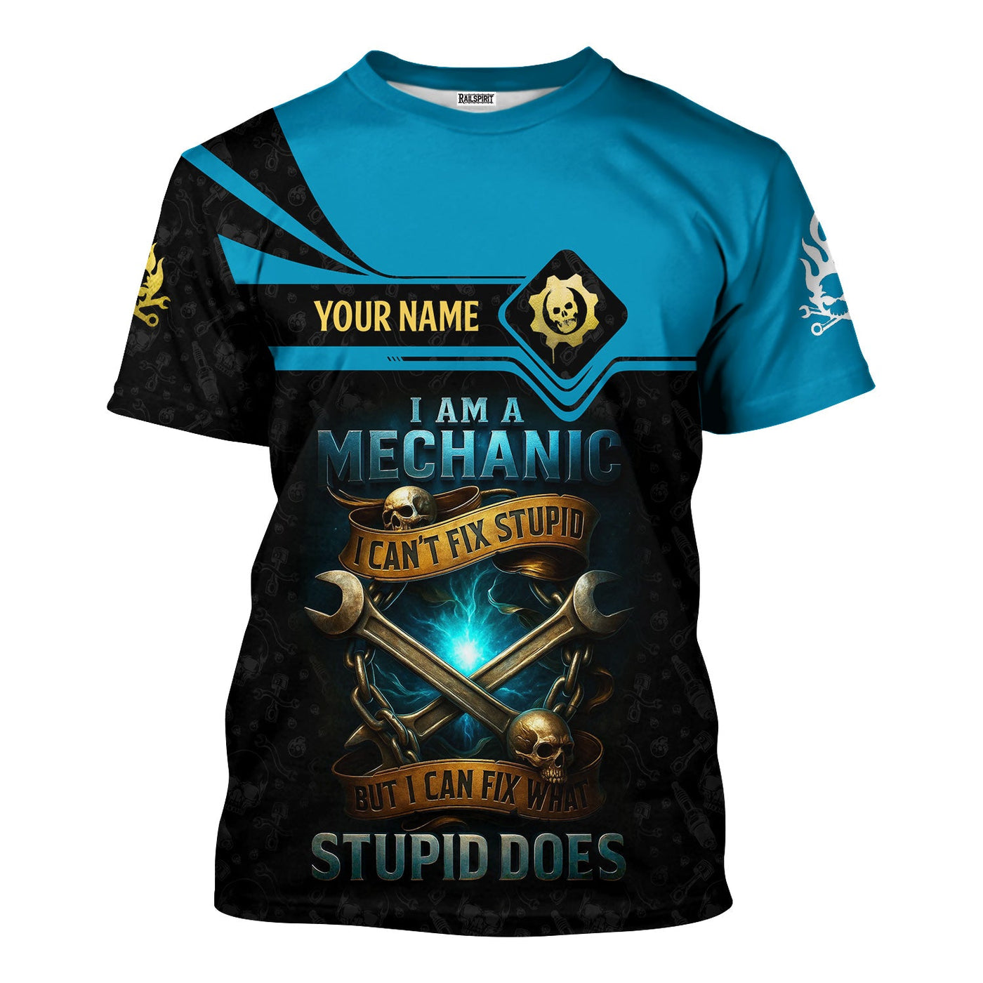 Blisscorners Personalized Mechanic Shirt, I Am A Mechanic I Can't Fix Stupid But I Can Fix What Stupid Does, Skull and Wreches Design, Gift For Men