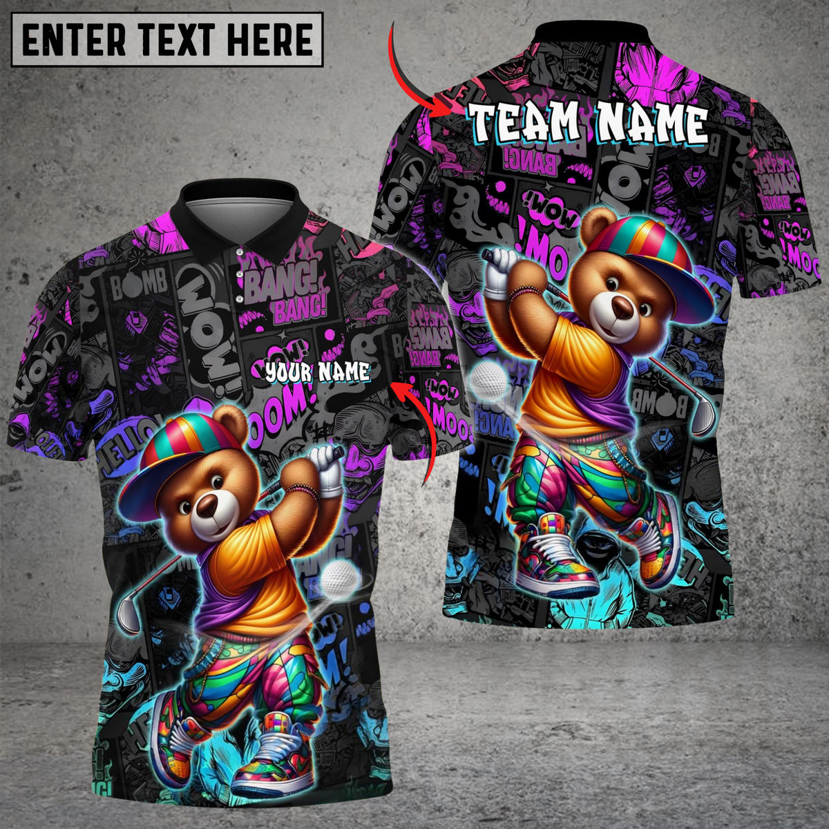 Blisscorners Graffiti Golfer Teddy Funny Golf Polo Shirt, Custom Name &amp; Team Name 3D Shirts
