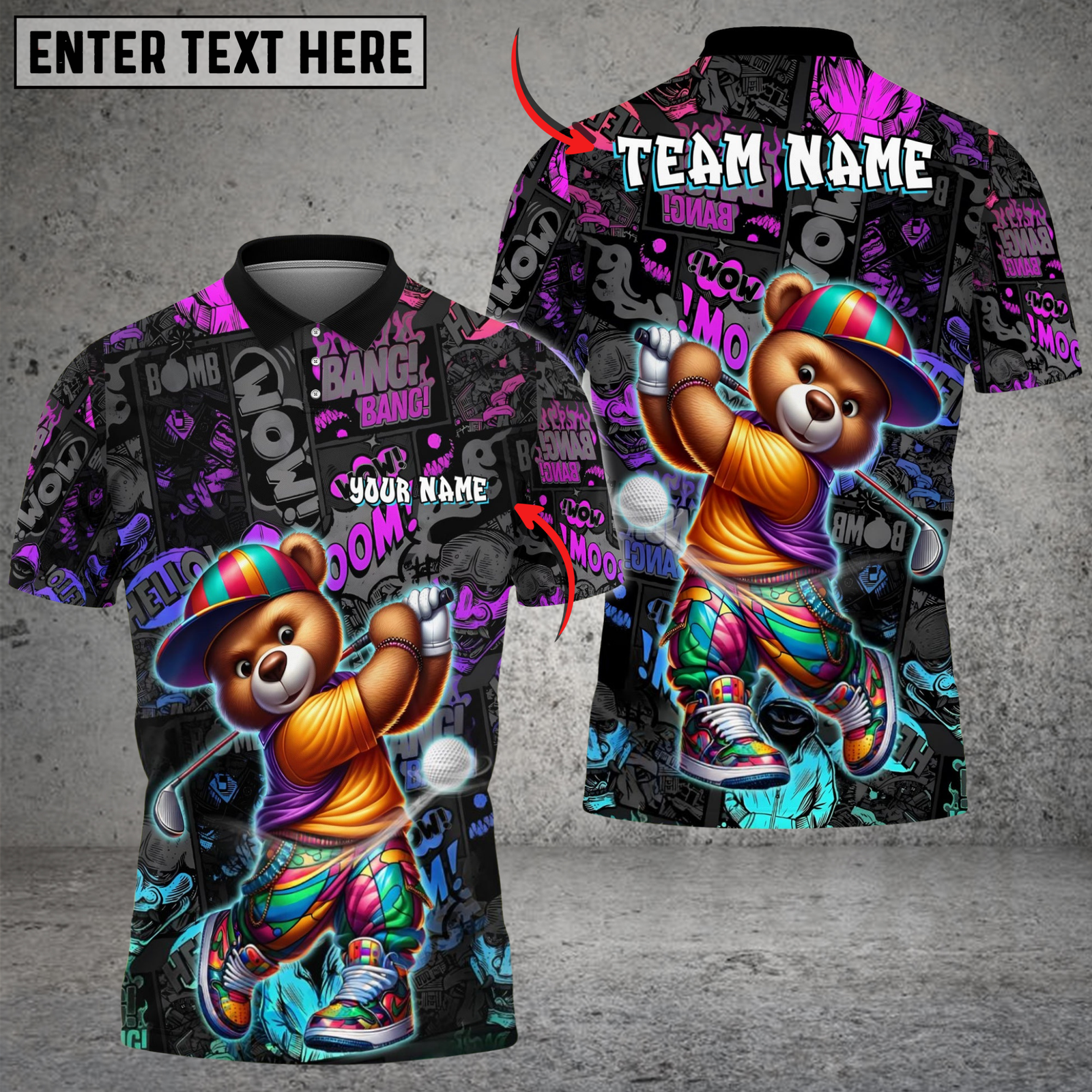 Blisscorners Graffiti Golfer Teddy Funny Golf Polo Shirt, Custom Name & Team Name 3D Shirts