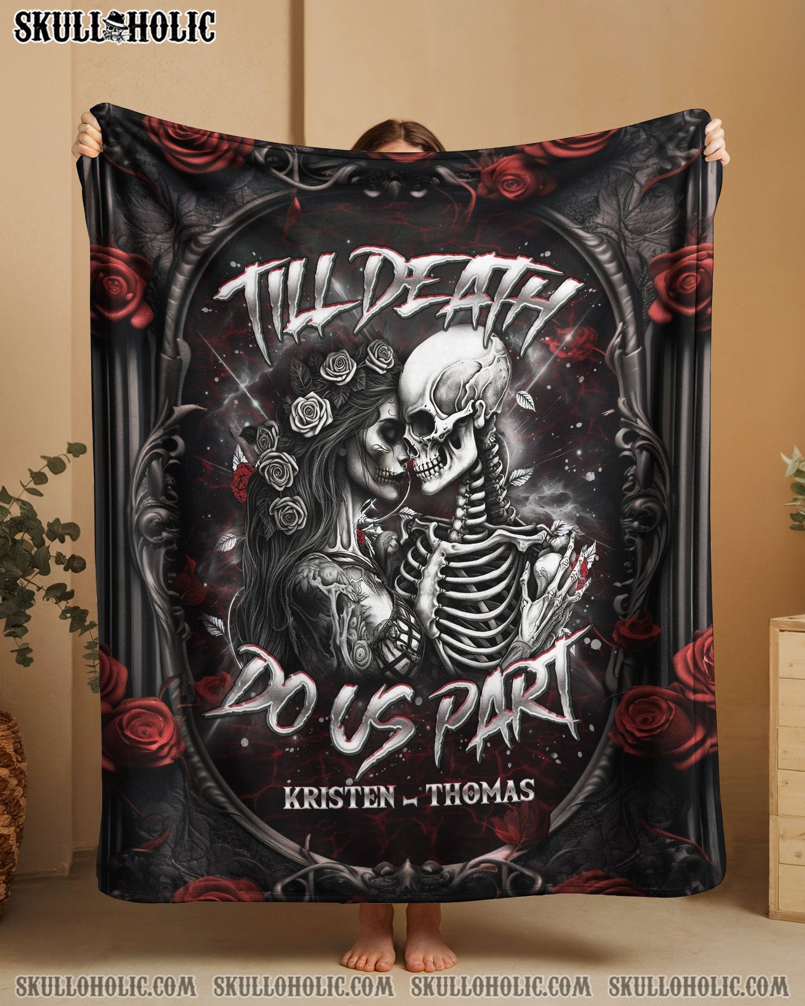 BLISSCORNERS PERSONALIZEDTILL DEATH DO US PART COUPLE SKELETON FLEECE BLANKET