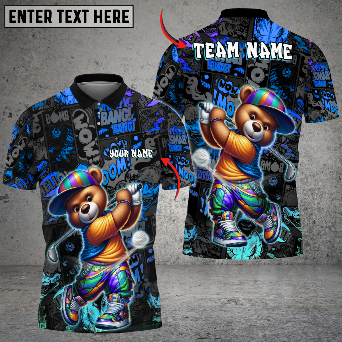 Blisscorners Graffiti Golfer Teddy Funny Golf Polo Shirt, Custom Name & Team Name 3D Shirts