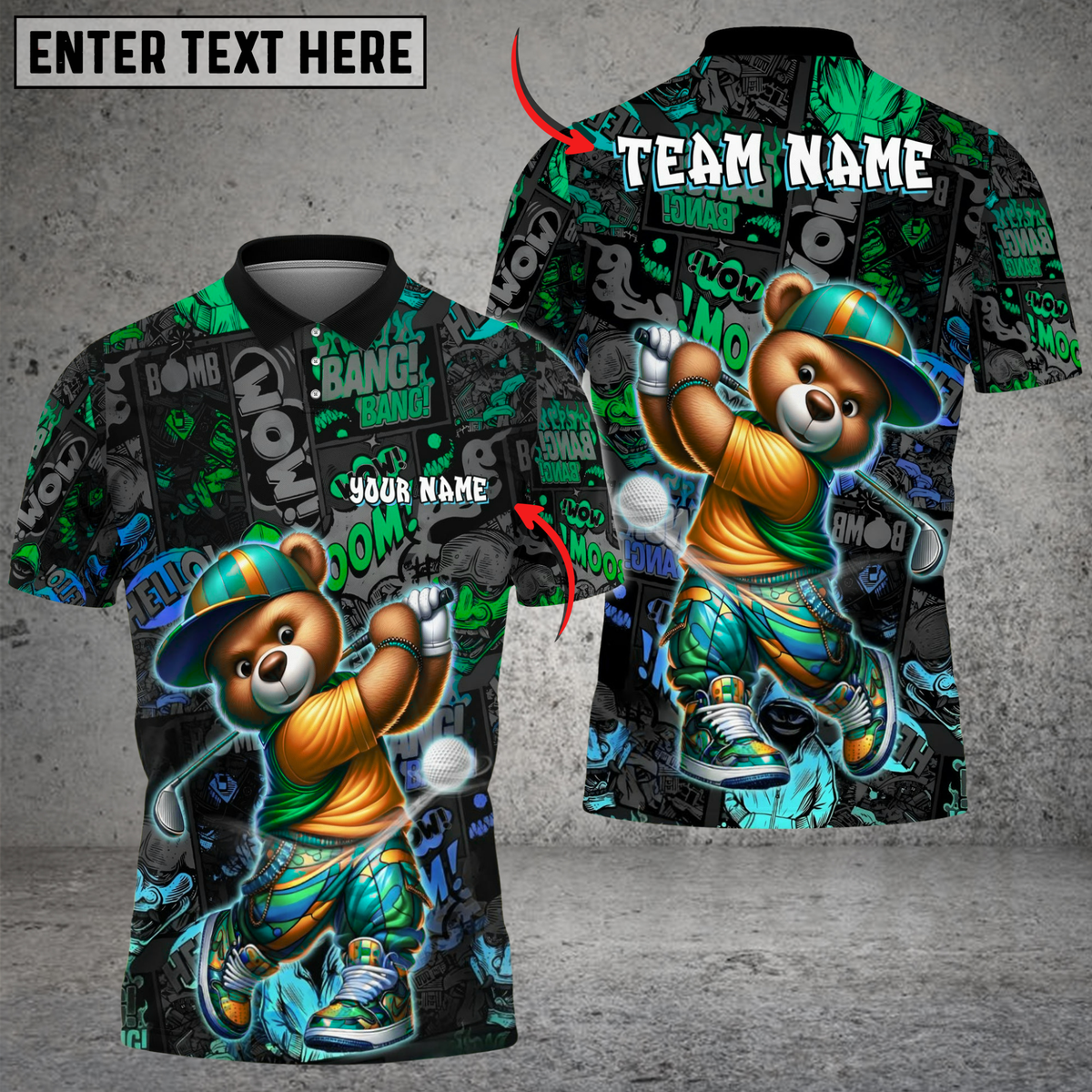 Blisscorners Graffiti Golfer Teddy Funny Golf Polo Shirt, Custom Name & Team Name 3D Shirts