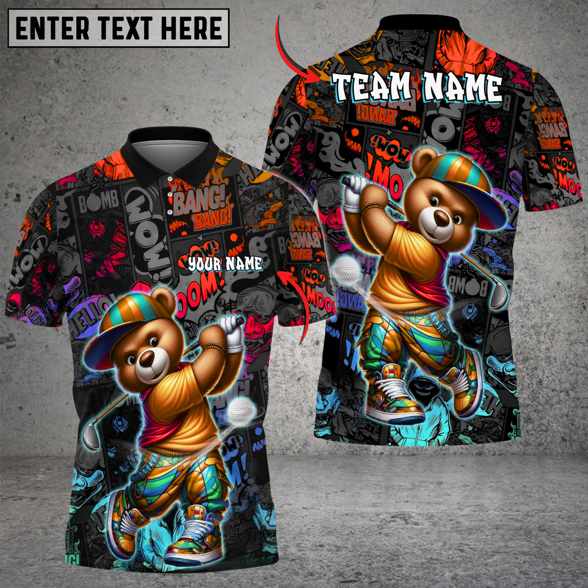 Blisscorners Graffiti Golfer Teddy Funny Golf Polo Shirt, Custom Name & Team Name 3D Shirts