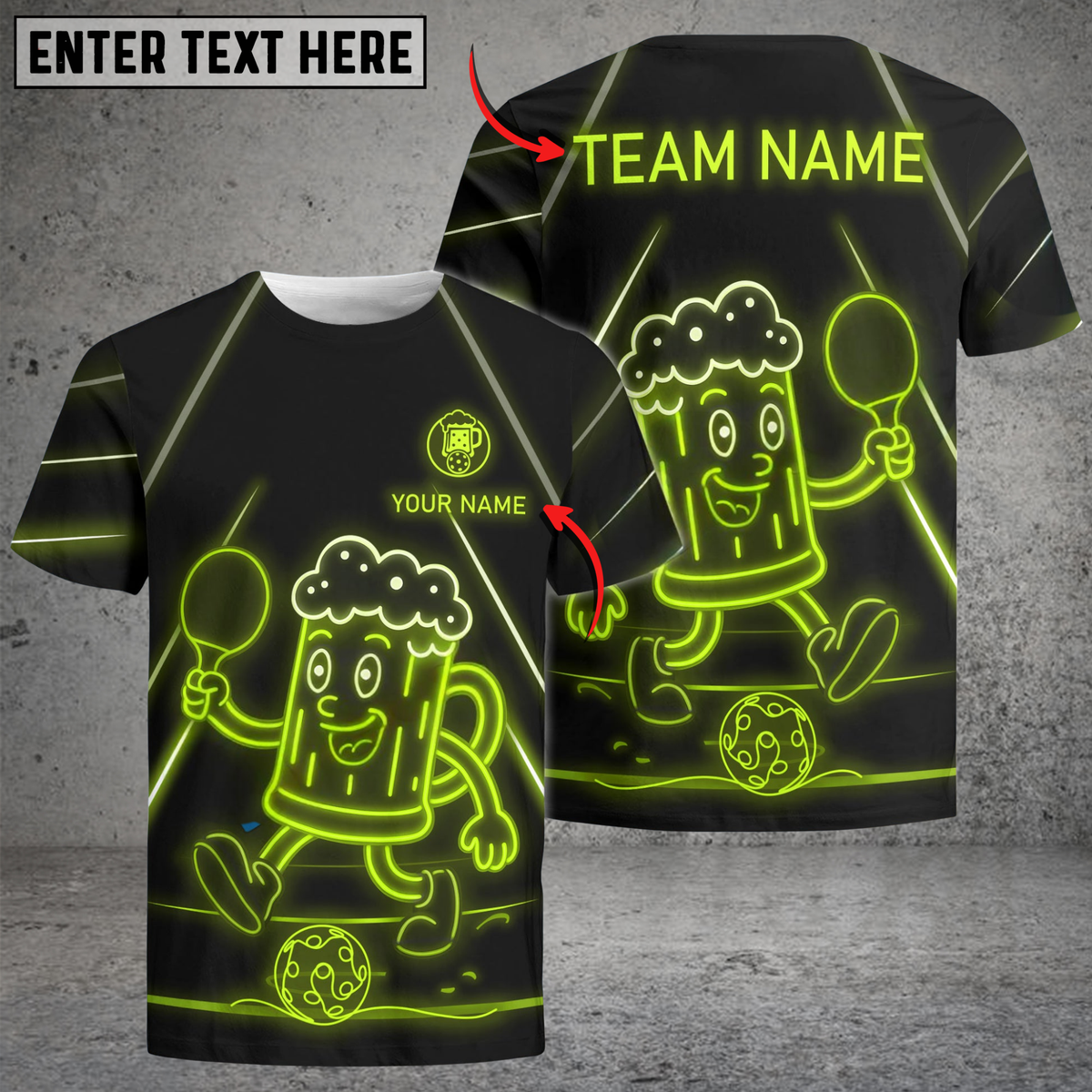 Blisscorners Funny Beer Pickleball Shirt Neon Mascot Style Multicolor Options Customized Name & Team Name 3D Shirts