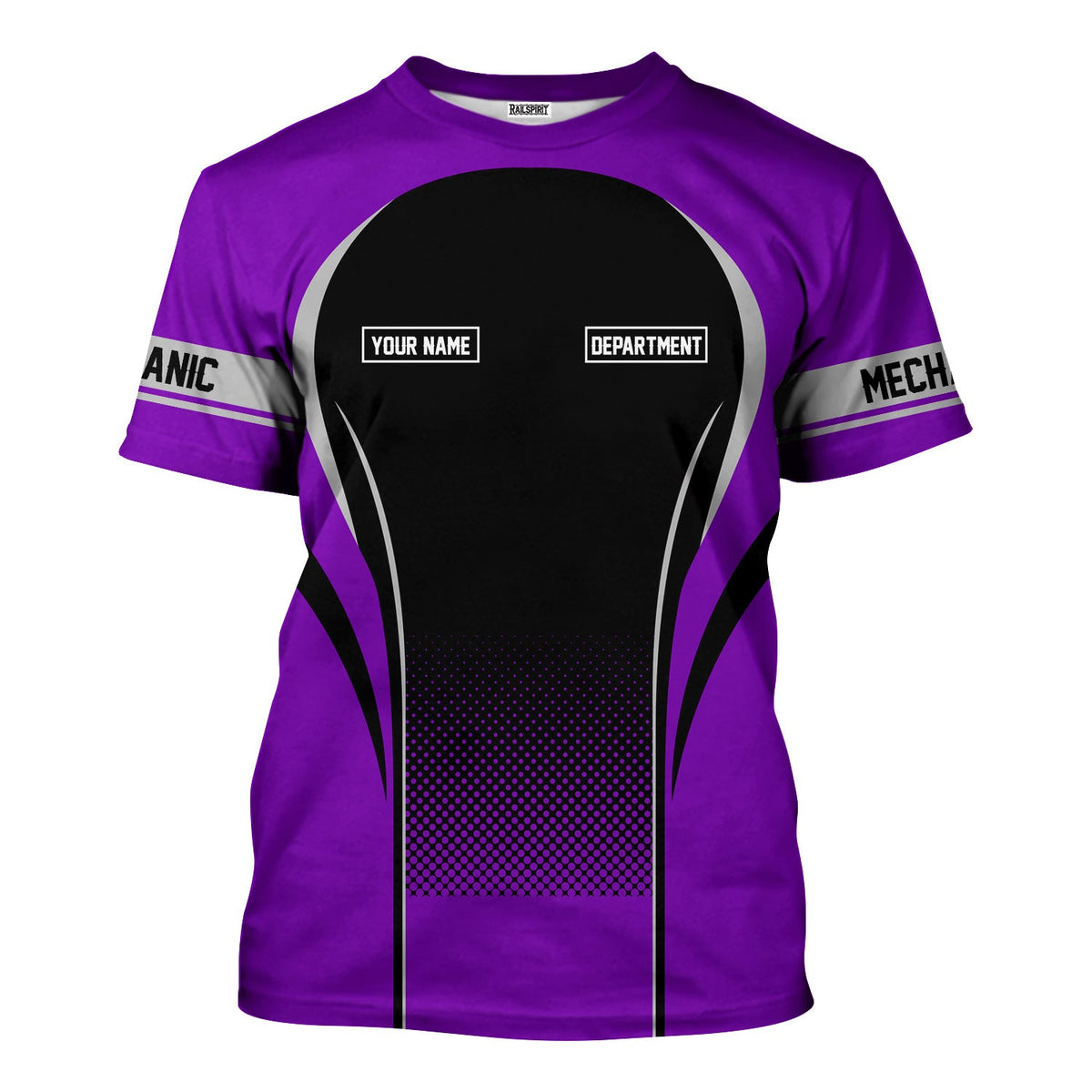 Blisscorners Custom Mechanic Shirt, Personalized Work Uniform, Custom Name & Department, Cool Mechanic Graphic Tee, Purple Engine Skull Design