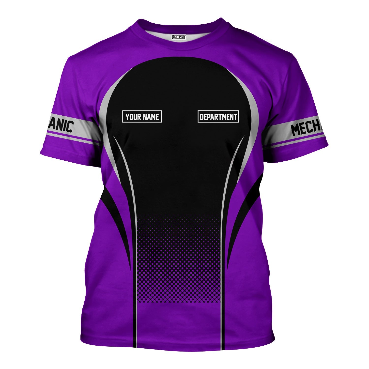Blisscorners Custom Mechanic Shirt, Personalized Work Uniform, Custom Name & Department, Cool Mechanic Graphic Tee, Purple Engine Skull Design