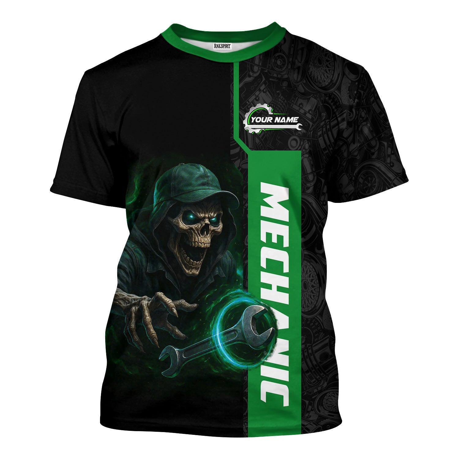 Blisscorners Personalized Mechanic Shirt for Men, Custom Name & Text, Skull & Wrench Design, Cool Mechanics Gift for Father, Husband, DIY Enthusiasts