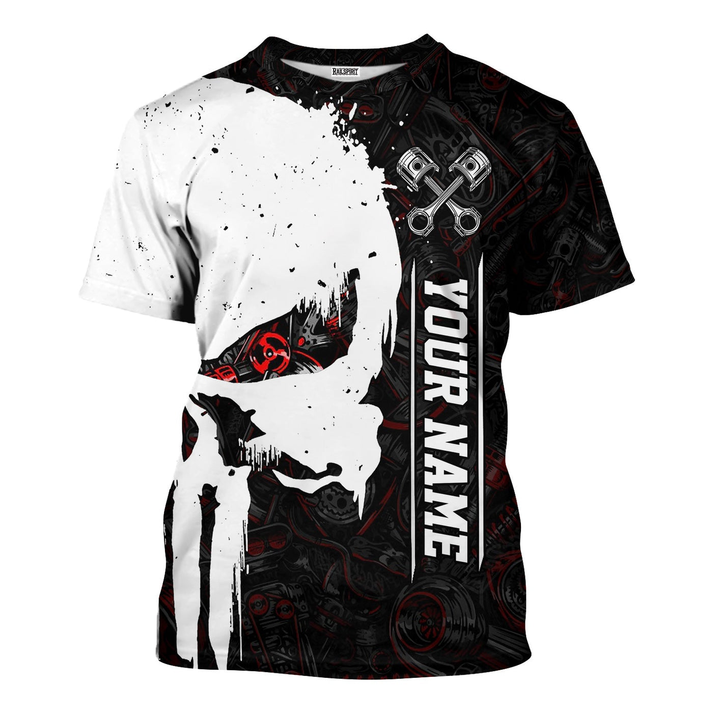 Blisscorners Personalized Mechanic Skull Shirt, Unique Gear Design, Gift for Mechanics & Motorheads, Funny Skull Shirt