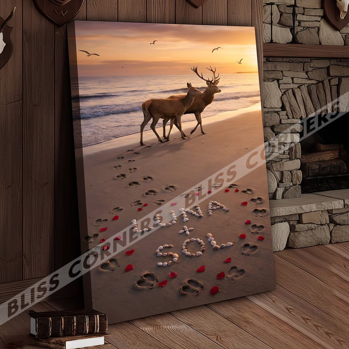 Blisscorners Deer Couple Beach Sunset Love Footprints Personalized Name Canvas