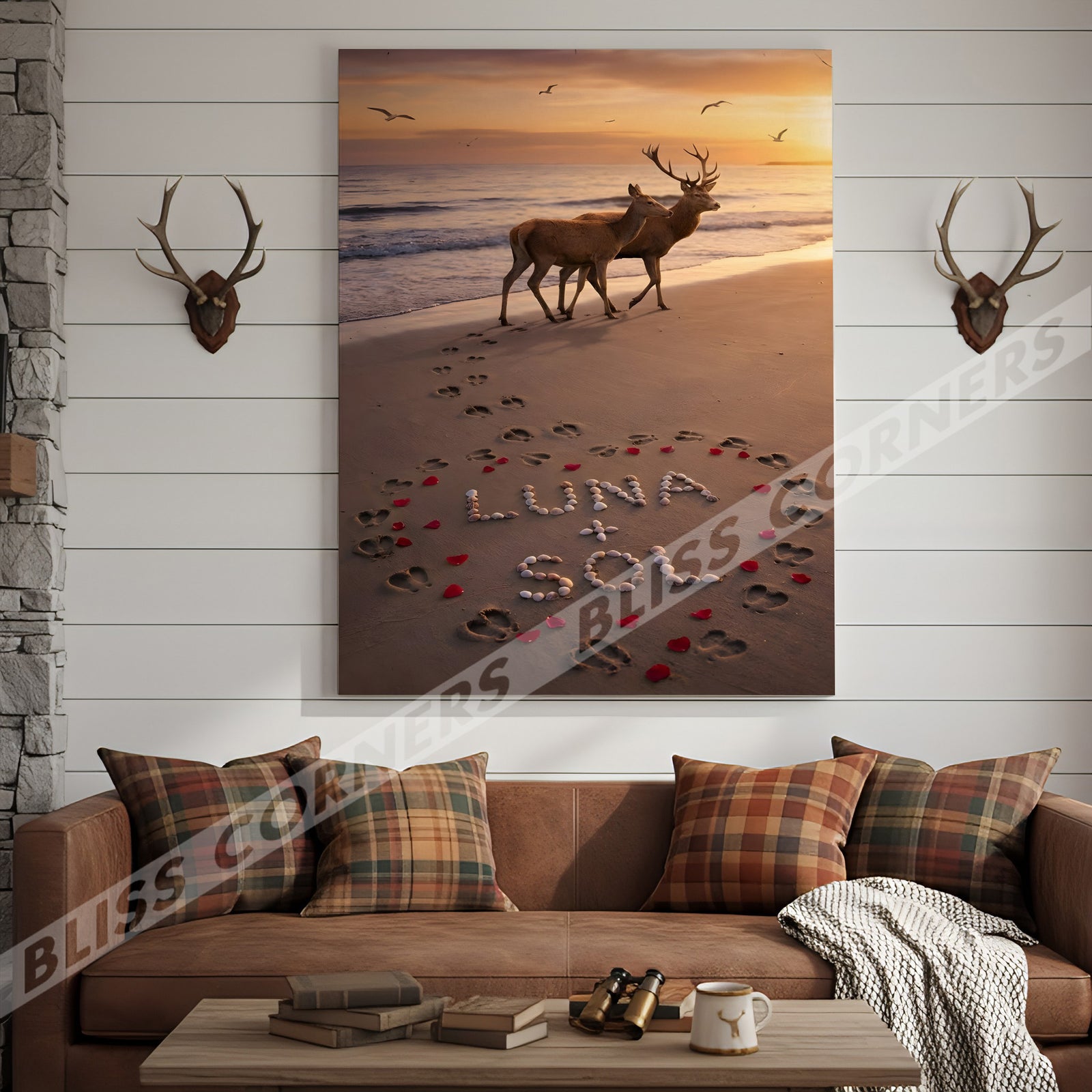 Blisscorners Deer Couple Beach Sunset Love Footprints Personalized Name Canvas