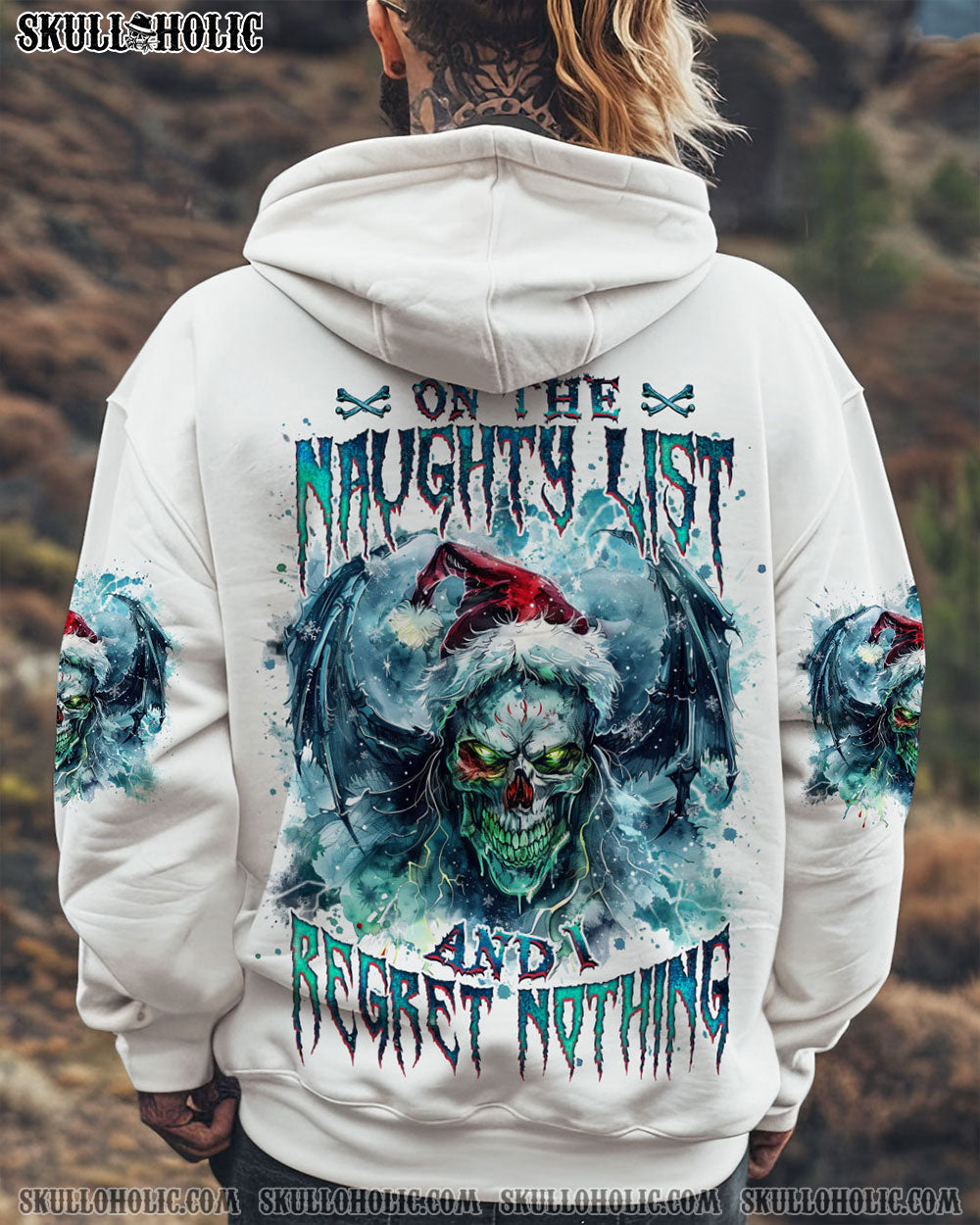 BLISSCORNERS ON THE NAUGHTY LIST SKULL WINGS CHRISTMAS ALL OVER PRINT