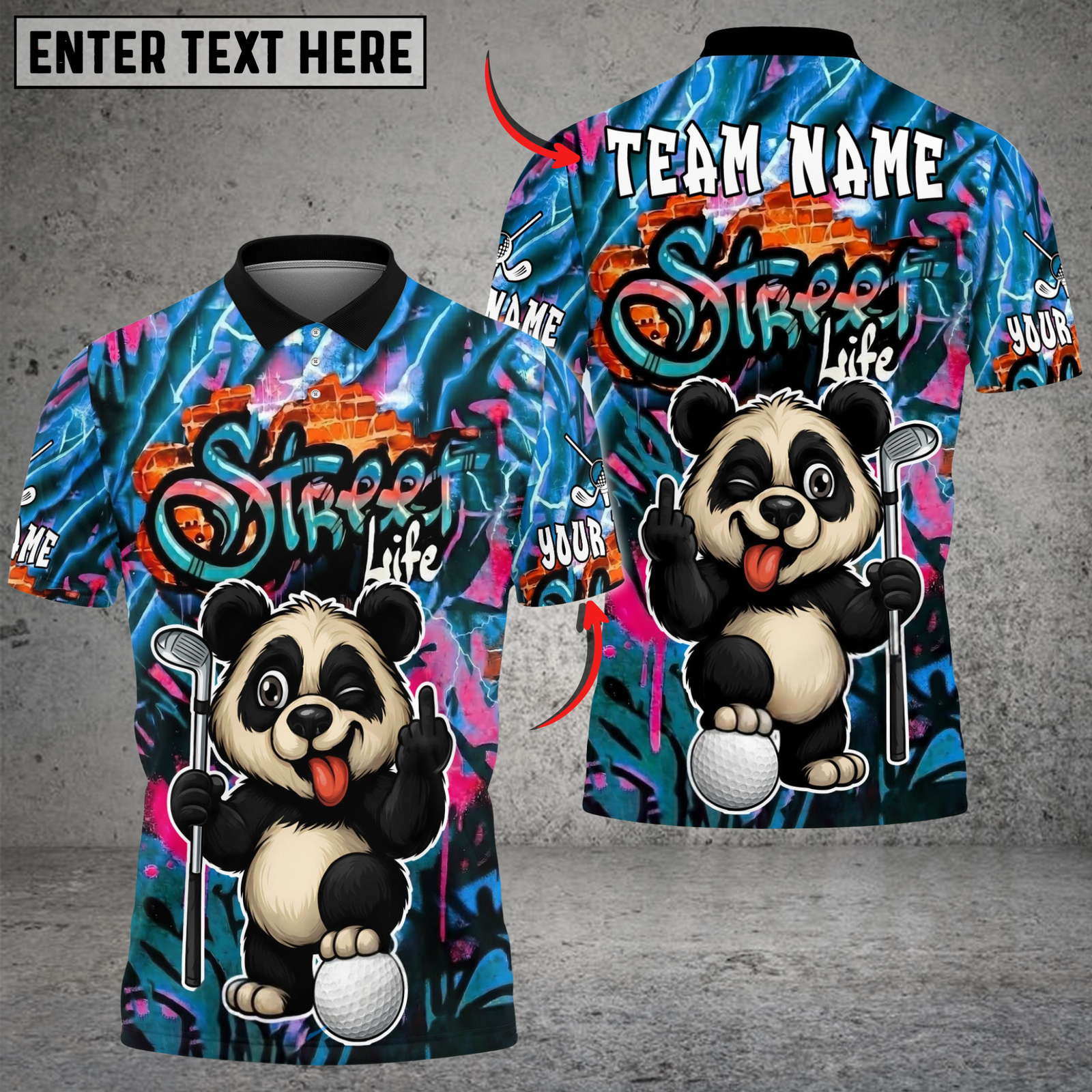 Blisscorners Street Swing Panda Golf Polo Shirt, Customized Name & Team Name 3D Shirts (4 Colors)
