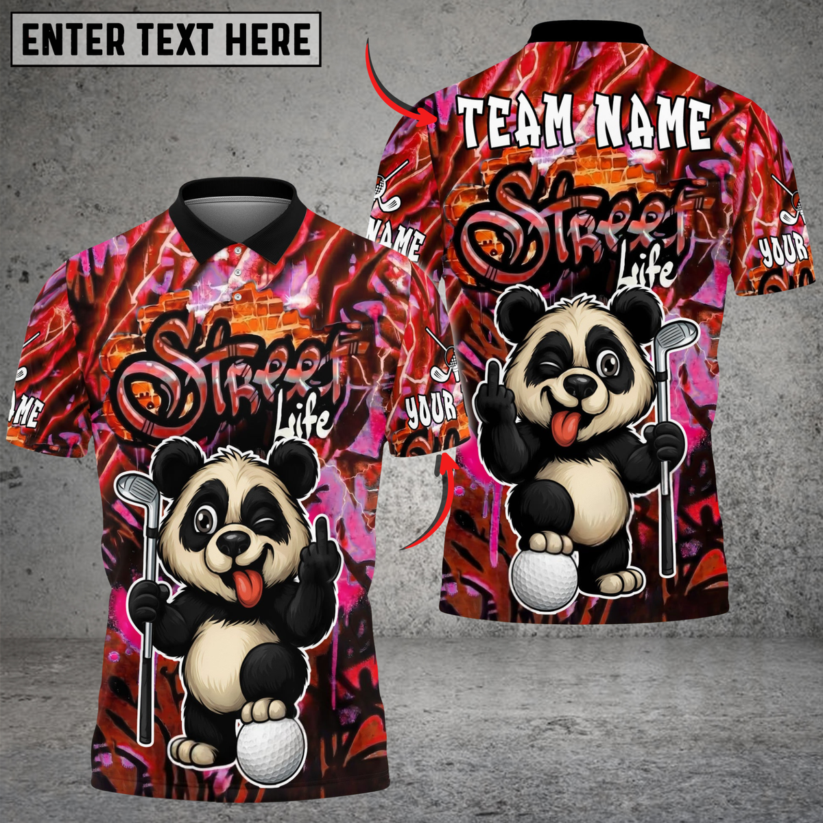Blisscorners Street Swing Panda Golf Polo Shirt, Customized Name & Team Name 3D Shirts (4 Colors)
