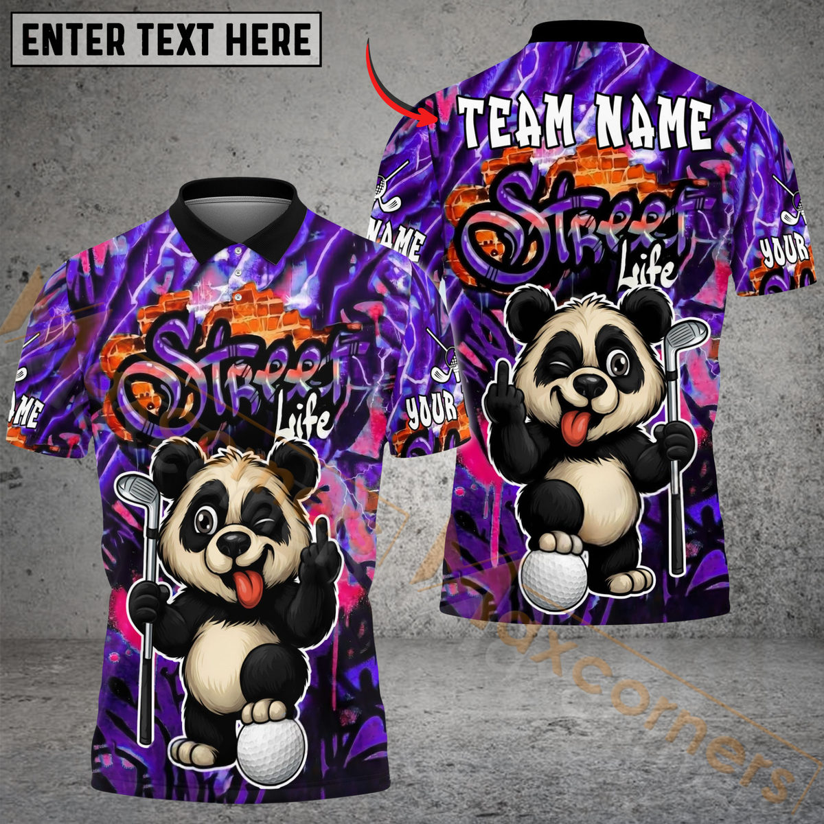 Blisscorners Street Swing Panda Golf Polo Shirt, Customized Name &amp; Team Name 3D Shirts (4 Colors)