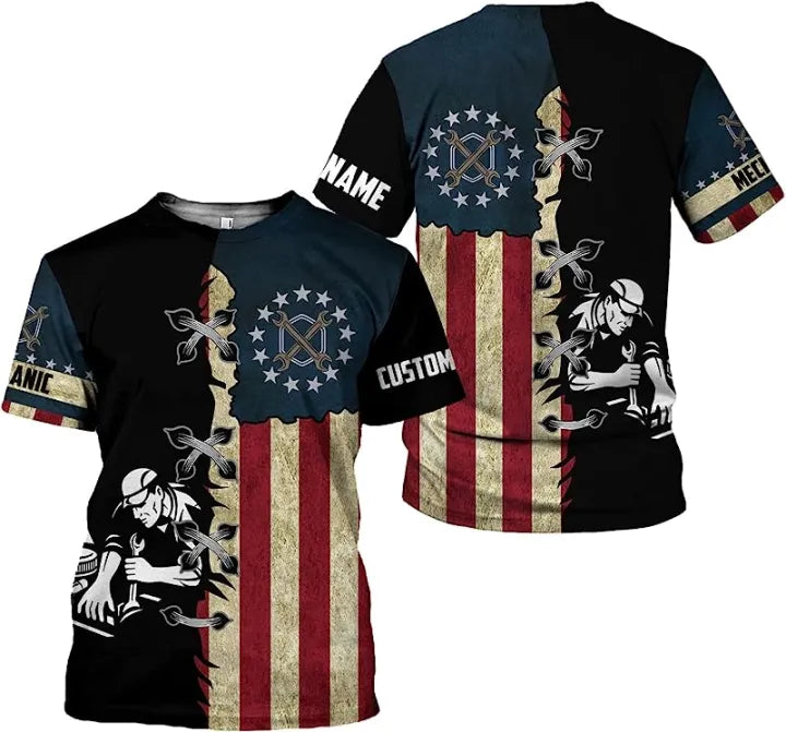 Blisscorners Custom Mechanic T-Shirt USA Flag Personalized, Mechanic Apparel for Men, Custom Name Shirt for Mechanic Lovers, Patriotic Gift for Mechanics