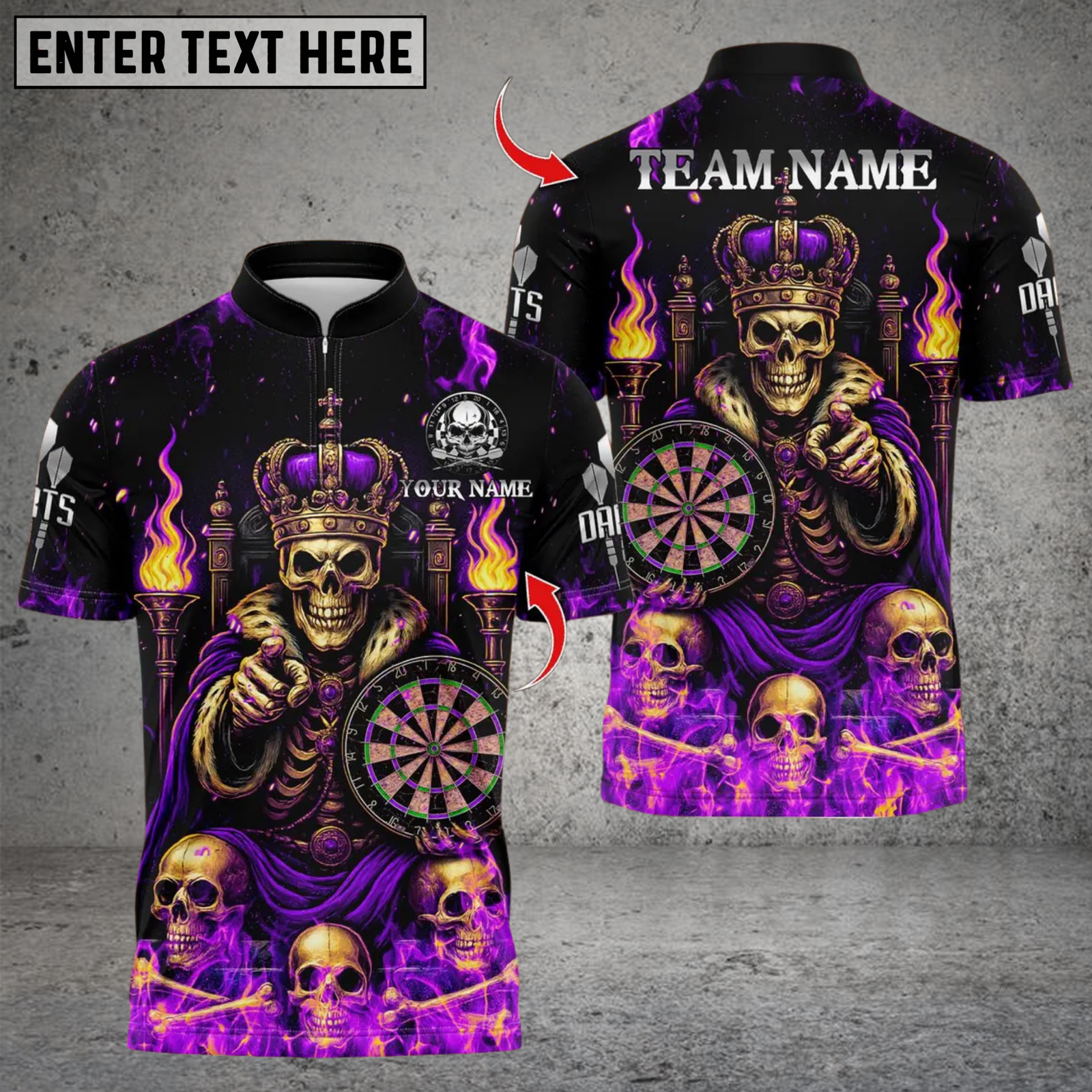 Blisscorners Darts Skeleton King Fire Throne Multicolor Customized Name, Team Name 3D Shirts
